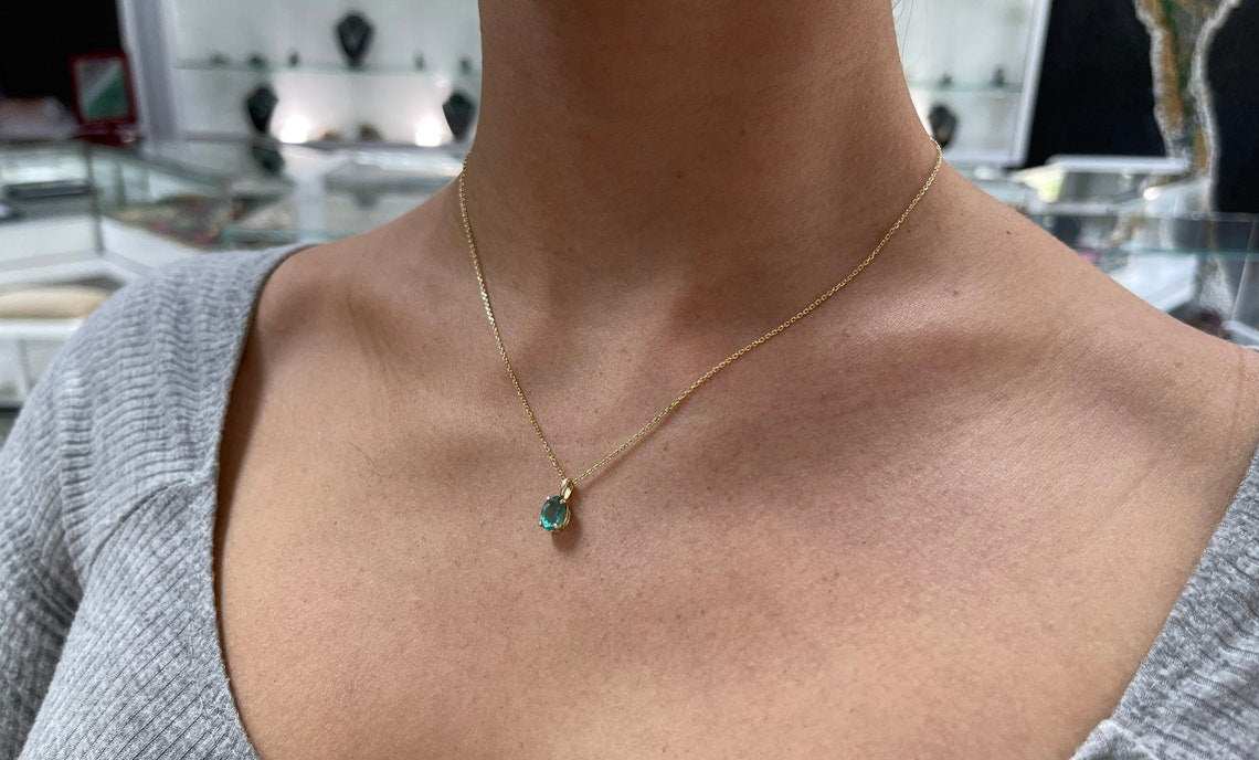 1.15 Carat Natural Bluish Green Oval Cut Emerald Solitaire Pendant Necklace in 14K Gold - Perfect for Weddings, Anniversaries & Special Occasions