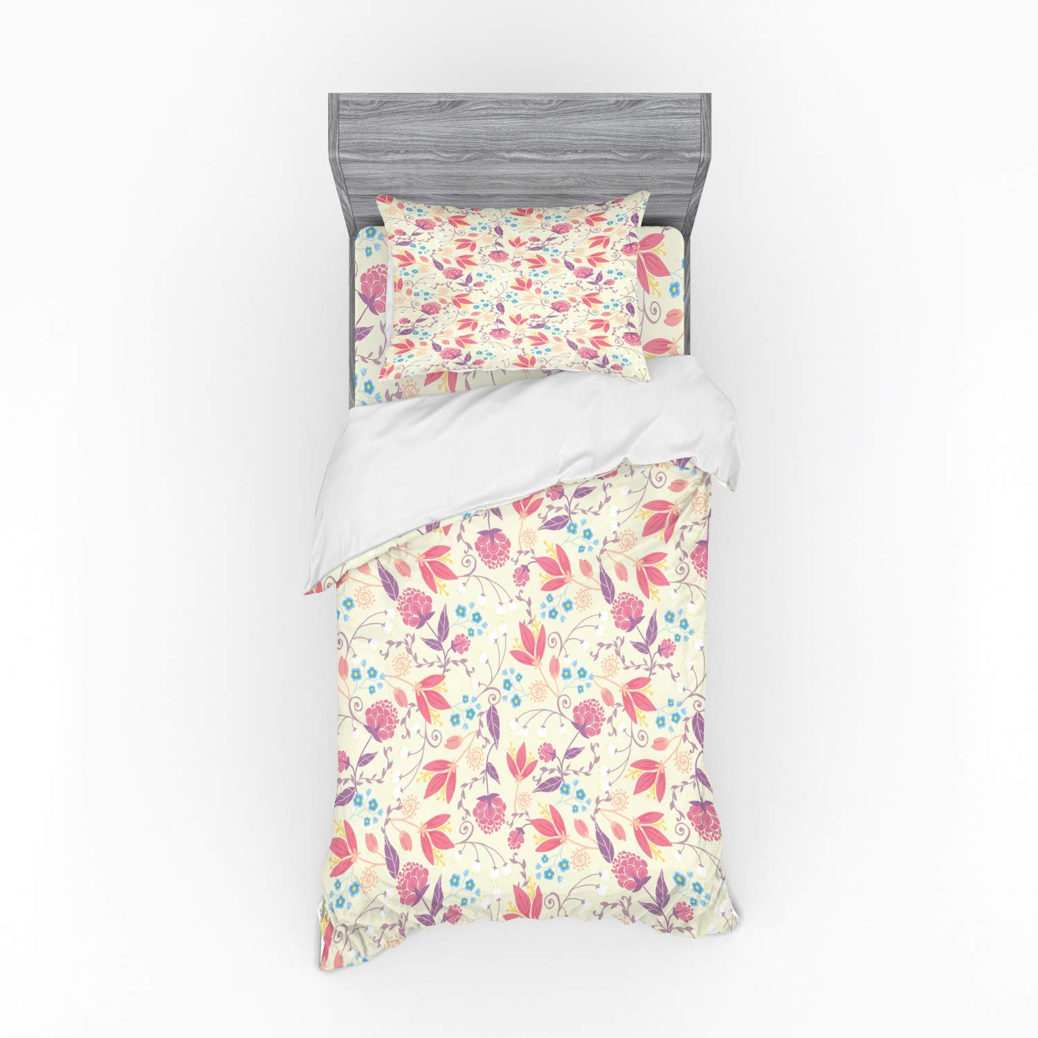 Ambesonne Pastel Duvet Cover Set - 3 Piece Twin XL Bedding with Sham & Fitted Sheet, Floral Garden Design Featuring Tulips, Peonies & Twigs | Perfect for Spring Bedroom Decor, Guest Room Makeover & Cozy Farmhouse Style