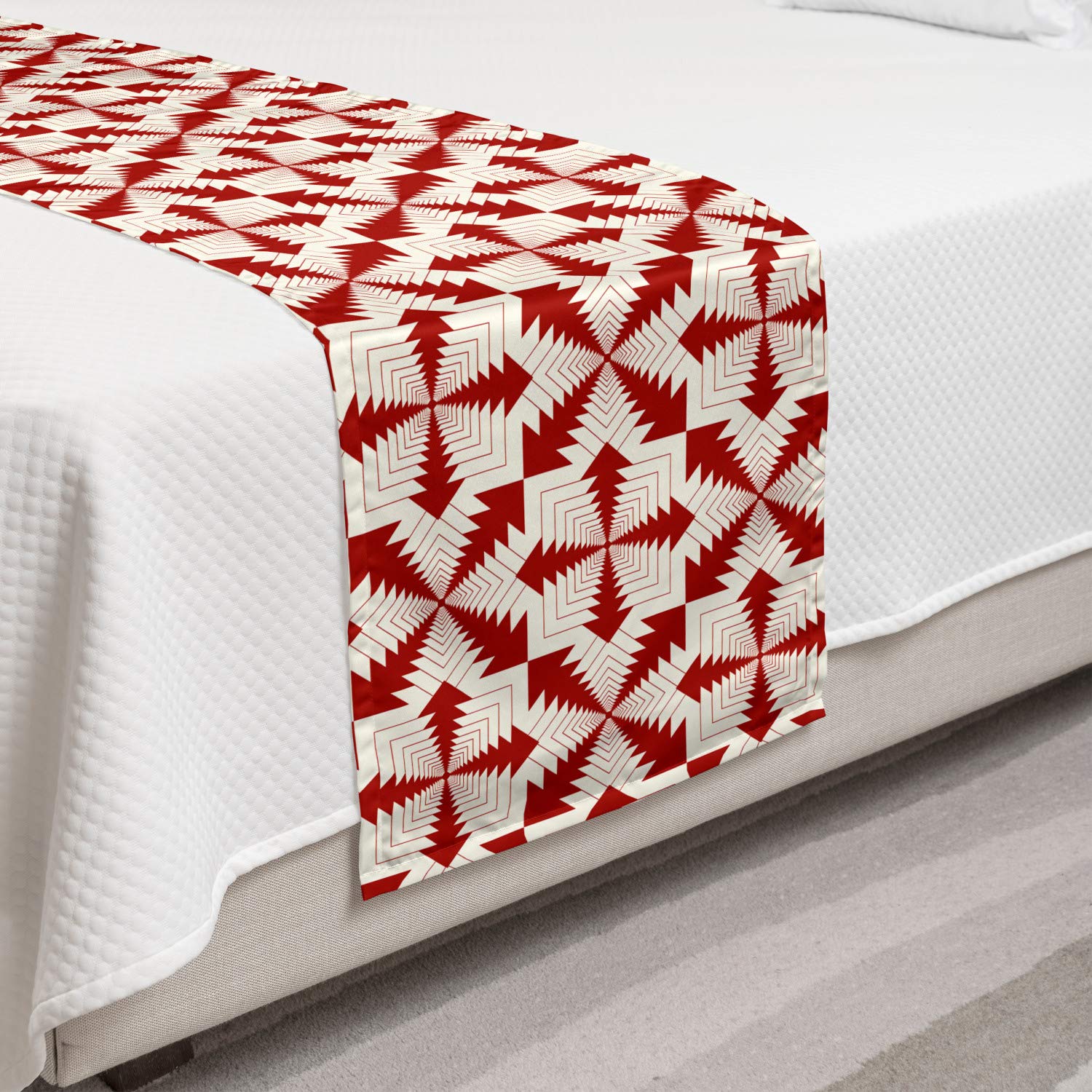 Ambesonne Abstract Bed Runner - Modern Retro Pattern Art Print with Funky Intertwined Frames | Decorative Bedding Scarf for Hotels, Homes & Guestrooms in Vermilion & Ivory | Perfect for Bohemian & Eclectic Bedroom Decor