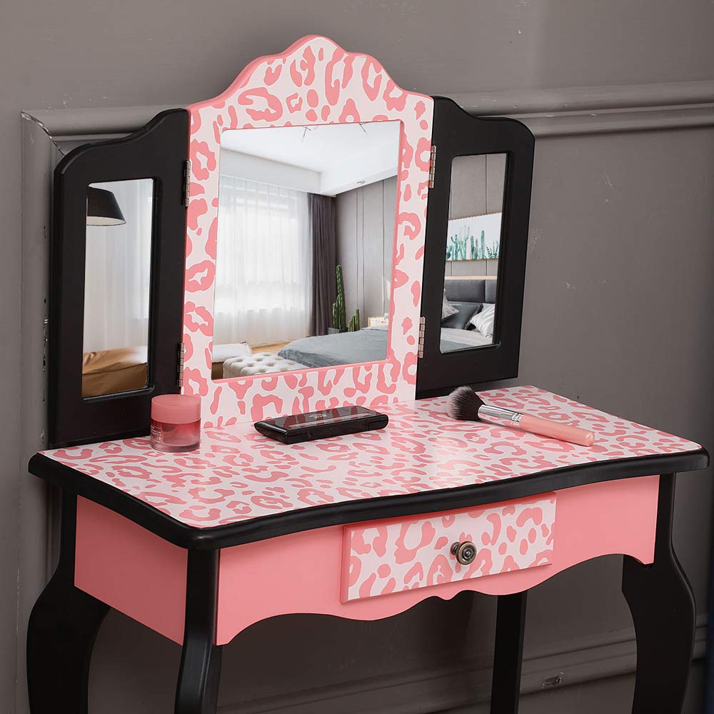 Vasitelan Kids Vanity Set with Mirror & Drawers - Little Girls Makeup Dressing Table with Stool, Folding Mirror for Bedroom | Perfect Birthday Gift for Toddlers & Princess Room Decor