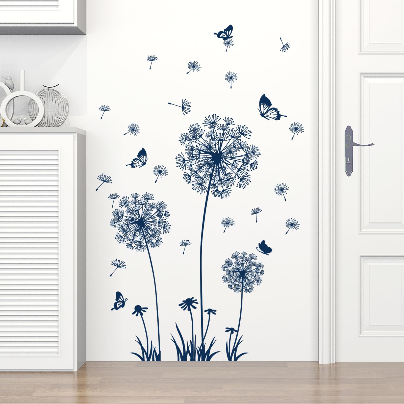 Supzone Blue Dandelion Wall Stickers with Butterflies - Floral Wall Decals for Bedroom, Living Room & TV Backdrop - Removable Wall Art Decor for Home, Office & Nursery (Perfect for DIY Home Decor & Party Backgrounds)