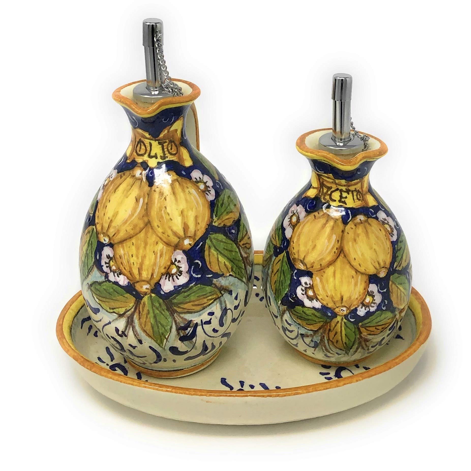 Italian Hand-Painted Tuscan Ceramic Oil and Vinegar Cruet Set with Lemon Decorated Tray - Artisanal Pottery Made in Italy | Perfect for Kitchen, Dining Table & Tuscan-Themed Home Decor