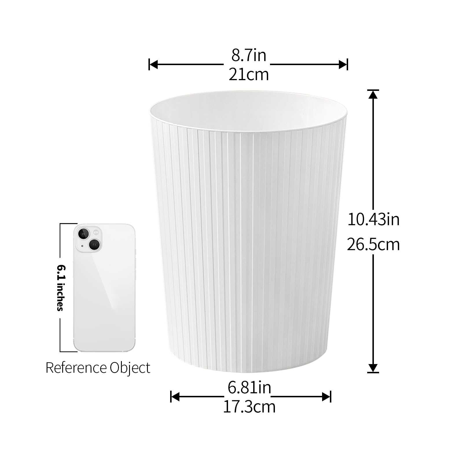 Cetomo 7.2L Plastic Waste Paper Bin - 3 Pack Small Round Trash Can with Solid Stripe, Open Top Design for Kitchen, Bedroom, Office | Frosted Matte Minimalist Style | Nesting Storage Solution | White Waste Basket for Home & Office Organization