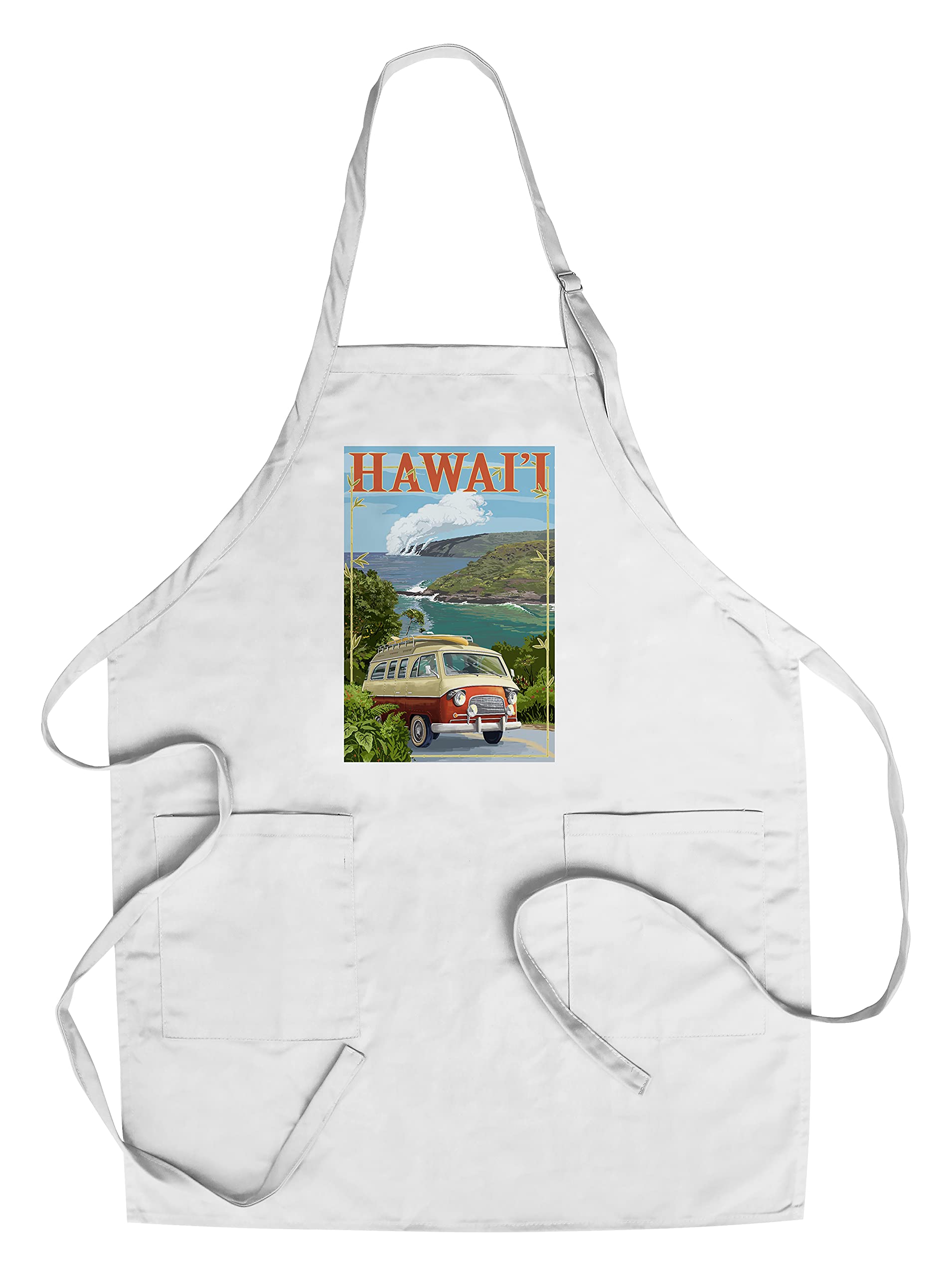 Hawaiian Style Camper Van Cotton Canvas Apron - Unisex Kitchen Cooking Baking Grilling Apron with Pockets - Perfect for Outdoor BBQ, Camping & Home Cooking