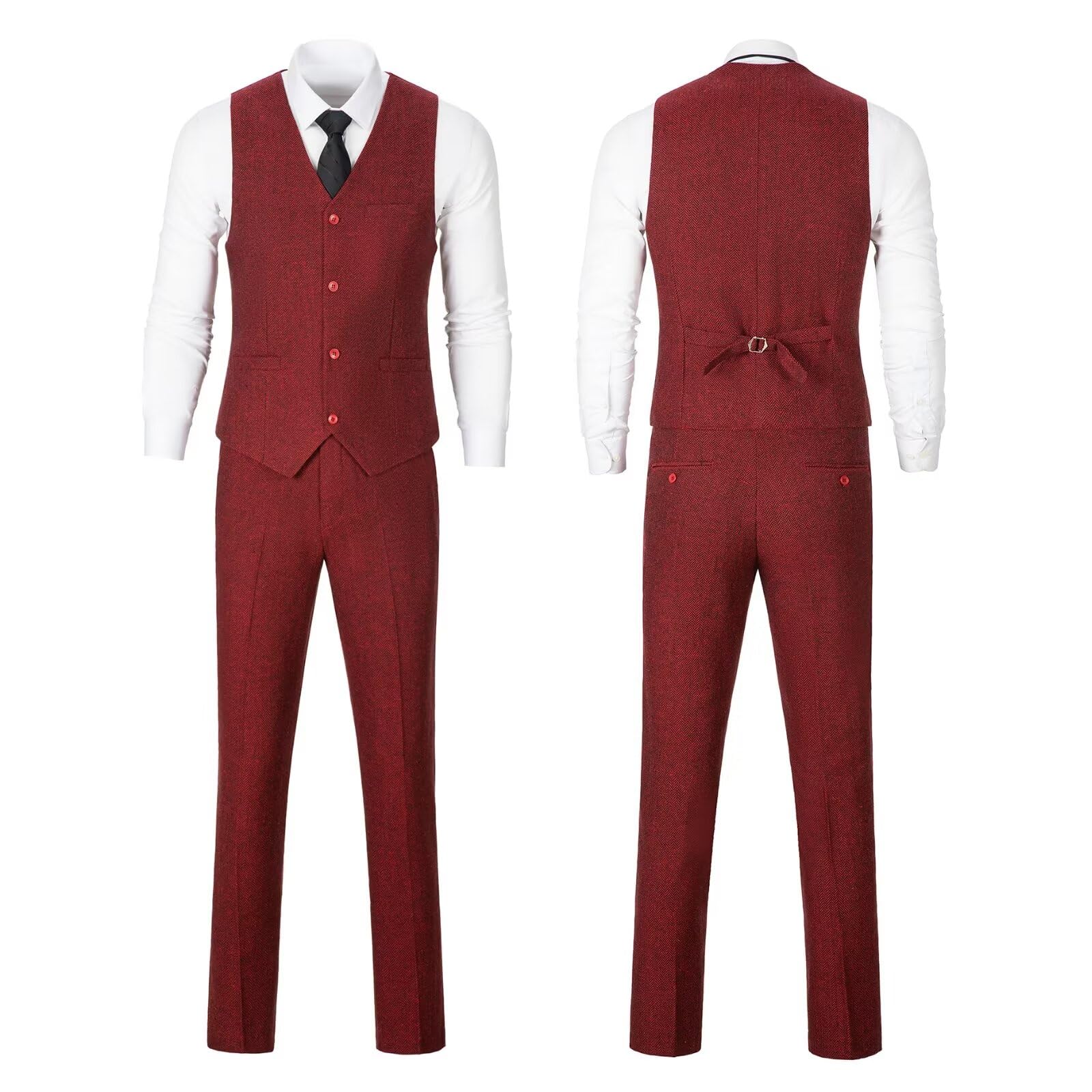 Vintage 3-Piece Tweed Herringbone Men's Suit Set - Slim Fit Groom Tuxedo for Prom, Wedding & Formal Events (Brown/Grey Jacket, Vest & Pants)