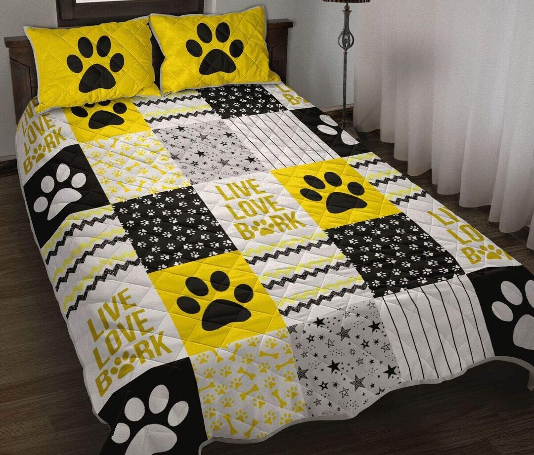 Yellow Dog Shape Live Love Bork Quilted Duvet Cover Set - Full/Queen/King Size for Women, Men & Kids | Perfect Dog Lover Gift for Dog Moms & Dads | Cute Paw Puppy Bedding for Pet Lovers' Bedroom Decor