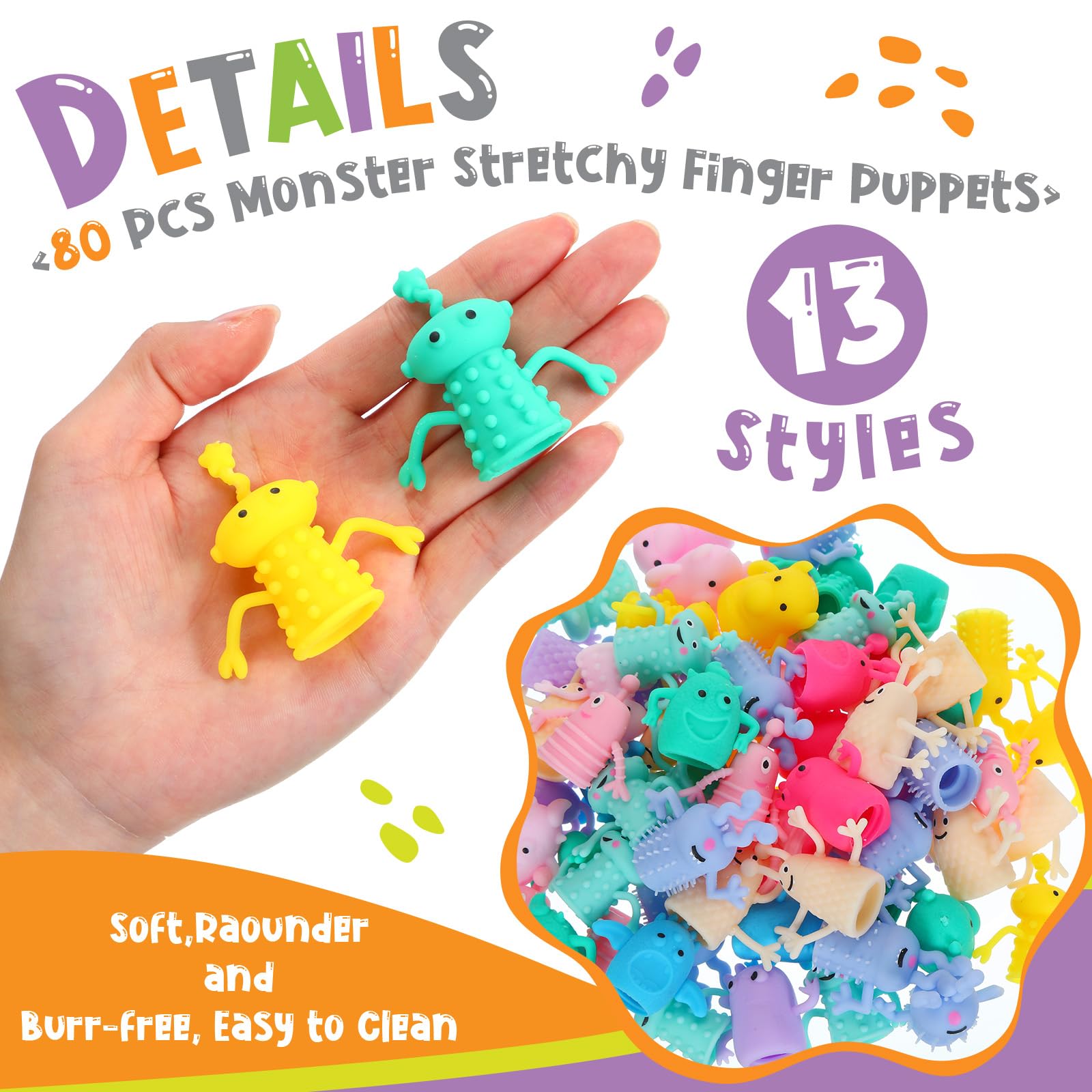 80 Pcs Cute Monster Finger Puppets - Soft Stretchy Rubber Fidget Toys for Kids, Party Favors & Role Play - 13 Random Styles (Halloween, Classroom, Storytelling, Sensory Play)