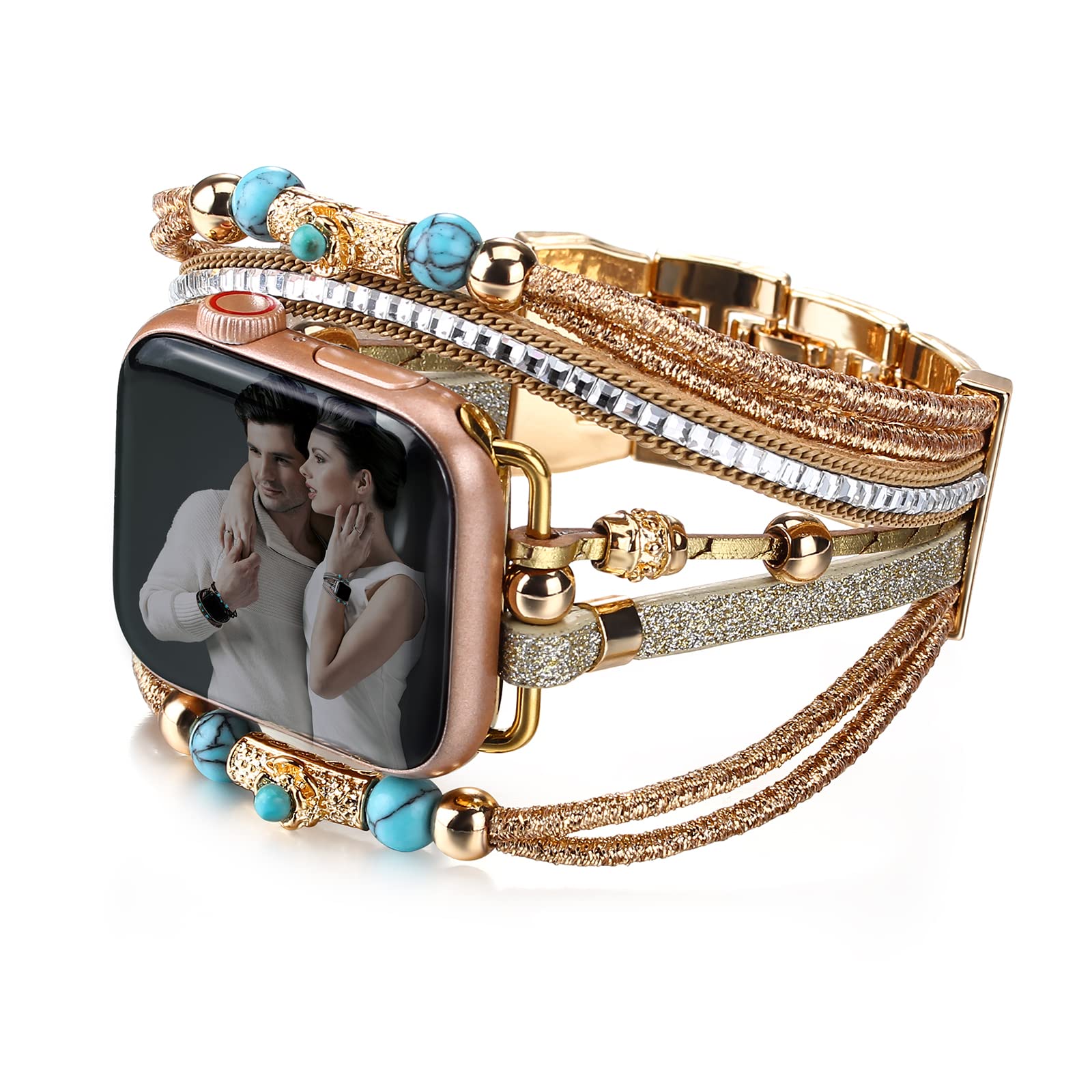Boho Leather Apple Watch Band Compatible with Series 10/9/8/7/6/SE/Ultra 2/5/4/3/2/1 - Adjustable Wrap Strap for 38mm 40mm 41mm 42mm 44mm 45mm 46mm 49mm - Fashionable Unisex Bracelet for Women & Men | Perfect for Work, Travel & Casual Wear