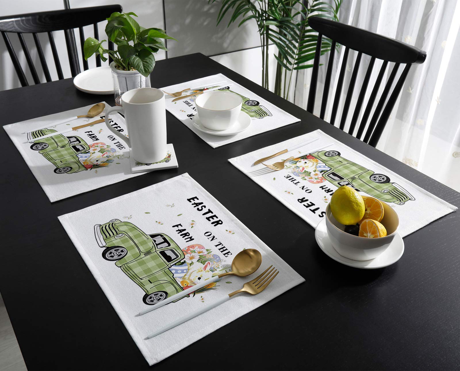 Farmhouse Easter Plaid Rabbit Eggs Heat-Resistant Placemats Set of 4 - Washable, Non-Slip Kitchen Table Mats for Dining - Perfect for Easter Decorations, Spring Parties & Farmhouse Style Kitchens