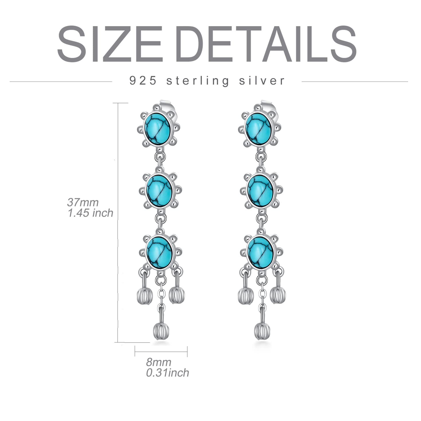 Blue Turquoise Feather Dangle Earrings for Women - Sterling Silver S925 Gemstone Drop Piercing Jewelry | Birthday & Christmas Gifts | Perfect for Boho Fashion, Parties & Special Occasions