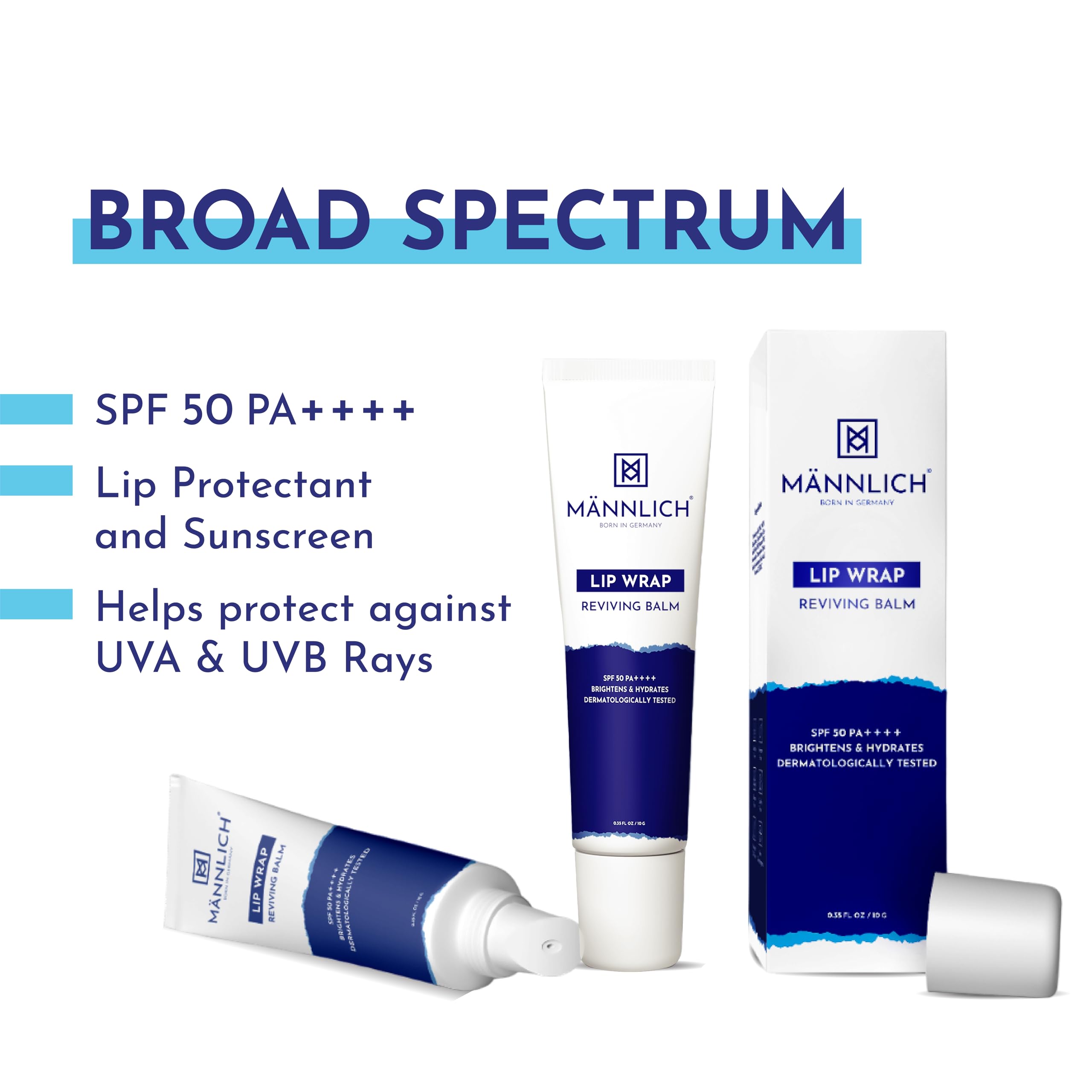 Mannlich SPF 50 PA++++ Lip Balm for Men - 2% Kojic Acid & 1% Hyaluronic Acid Lip Care Treatment - Moisturizing, Lightening, Long-Lasting Hydration for Dry & Chapped Lips (10g) - Perfect for Outdoor Activities, Workouts & Daily Lip Protection