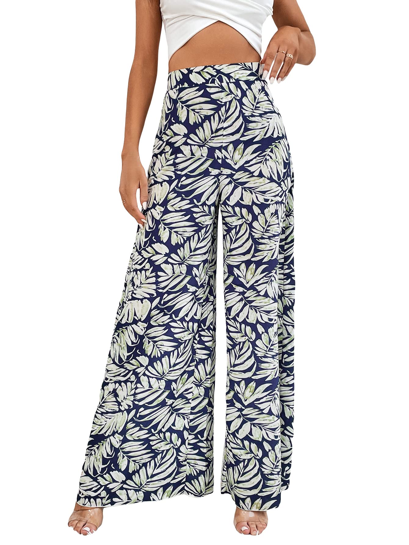 WDIRARA Women's High Waisted Wide Leg Pants - Stretchy Elastic Waistband, Flowy Loose Fit, Tropical Floral Print - Perfect for Beach Vacations, Summer Outfits & Casual Wear