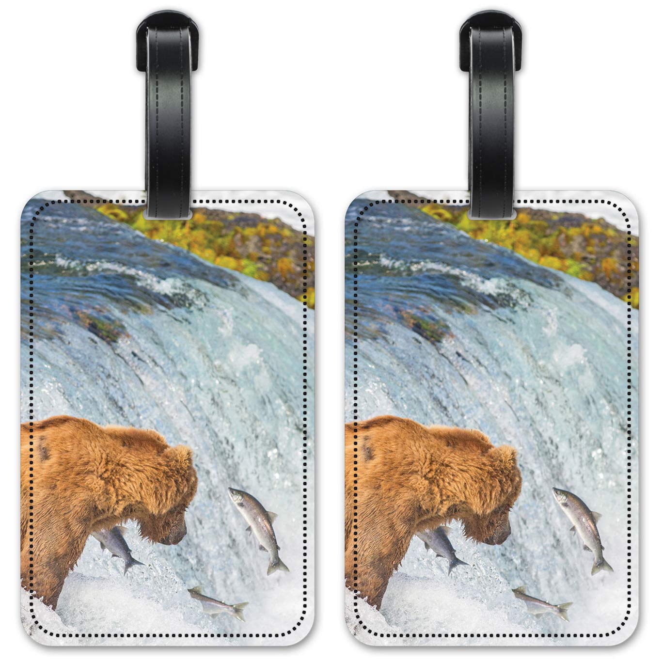 Bear Fishing Luggage ID Tags - Waterproof Suitcase Identification Cards Set of 2 - Perfect for Travel, Camping & Outdoor Adventures