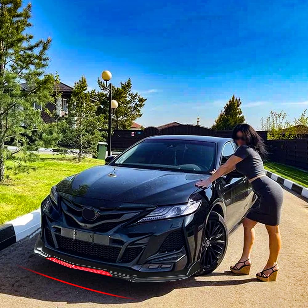 DREAMIZER Universal Car Front Lip Spoiler - Adjustable Front Bumper Lip Chin Splitter Diffuser Protector Body Kit - Fits Honda Nissan Toyota Mazda - Black with Red Trim - Enhances Aerodynamics & Street Style for Sports Cars & Tuner Vehicles