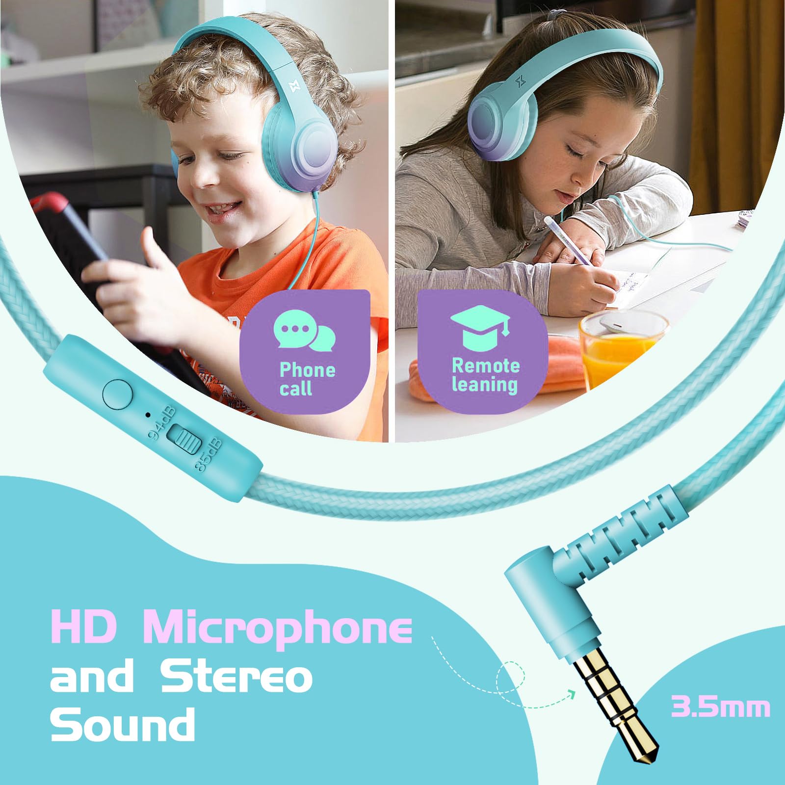 Kids Wired Headphones 94dB Volume Limit - Foldable Over-Ear for School & Travel
