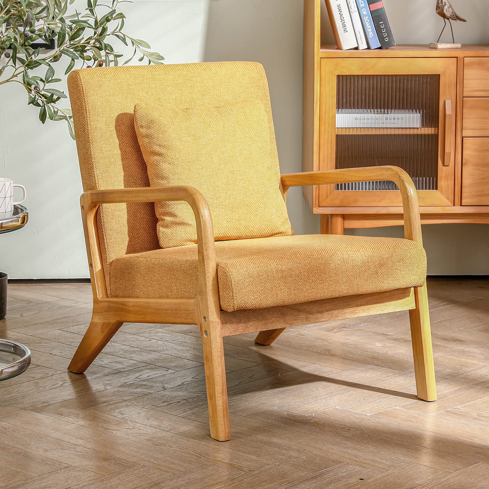 Mid-Century Modern Accent Chair - Upholstered Premium Linen Fabric Armchair with Solid Wood Frame Legs - Comfortable Living Room Lounge Chair for Bedroom, Office or Reading Nook (Yellow, 1 Piece) - Perfect for Small Spaces, Apartments and Cozy Home Decor