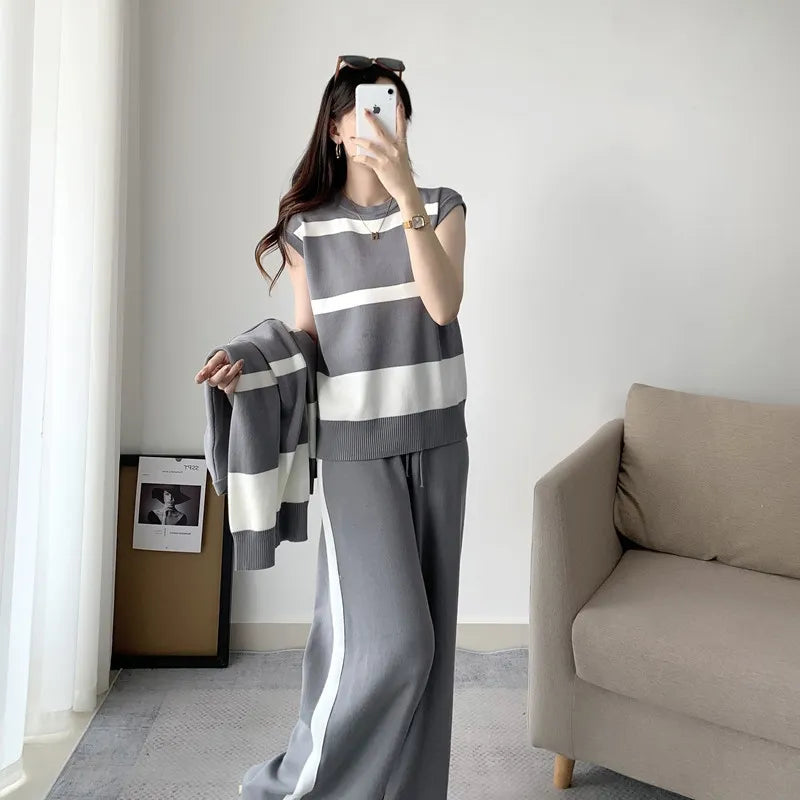 Women's Autumn Winter Streetwear 3-Piece Set - Korean Style O-Neck Sleeveless Vest + Cardigan Coat + Wide Leg Pants Striped Knit Outfit | Casual Office Wear & Daily Fashion