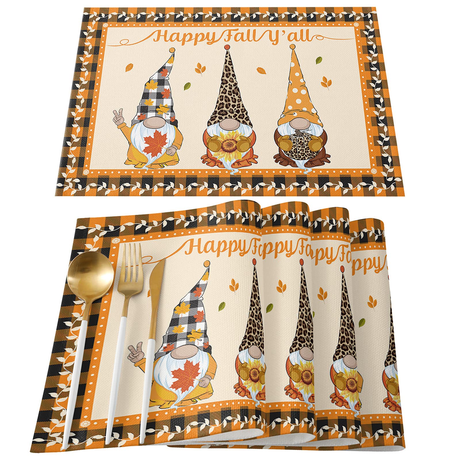 4-Pack Thanksgiving Gnome Placemats - Fall-Themed Washable Table Mats for Dining Table, Kitchen & Restaurant Decor | Christmas Party, Home Decor & Holiday Dining Accessories