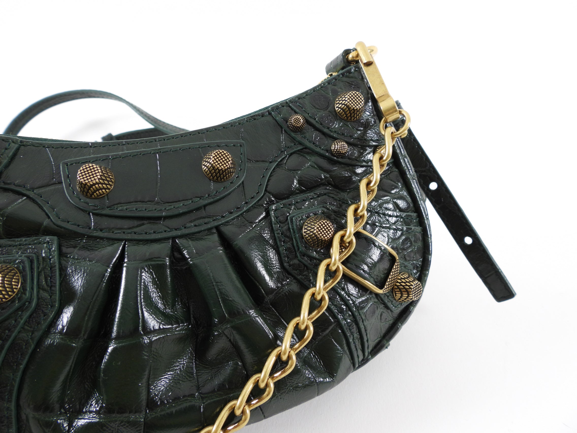 Balenciaga Dark Green Croc-Embossed Cagole XS Chain Bag - Luxury Crossbody Purse for Women, Perfect for Night Out & Party Accessories