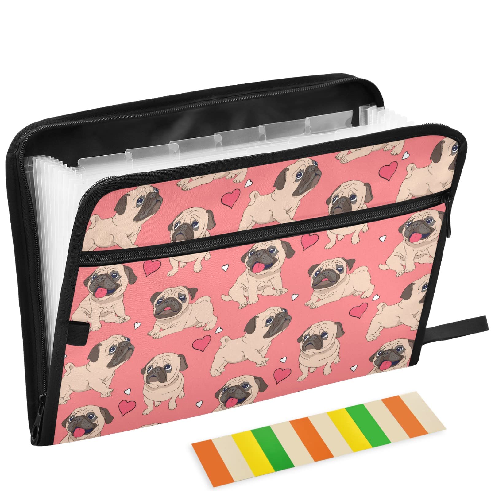 Funny Cartoon Pug Expanding File Folder - 13 Pockets Accordion Organizer with Sticky Labels for Letter & A4 Size Documents - Pink Office School Supplies for Paperwork, Bills, Receipts & Homework Organization