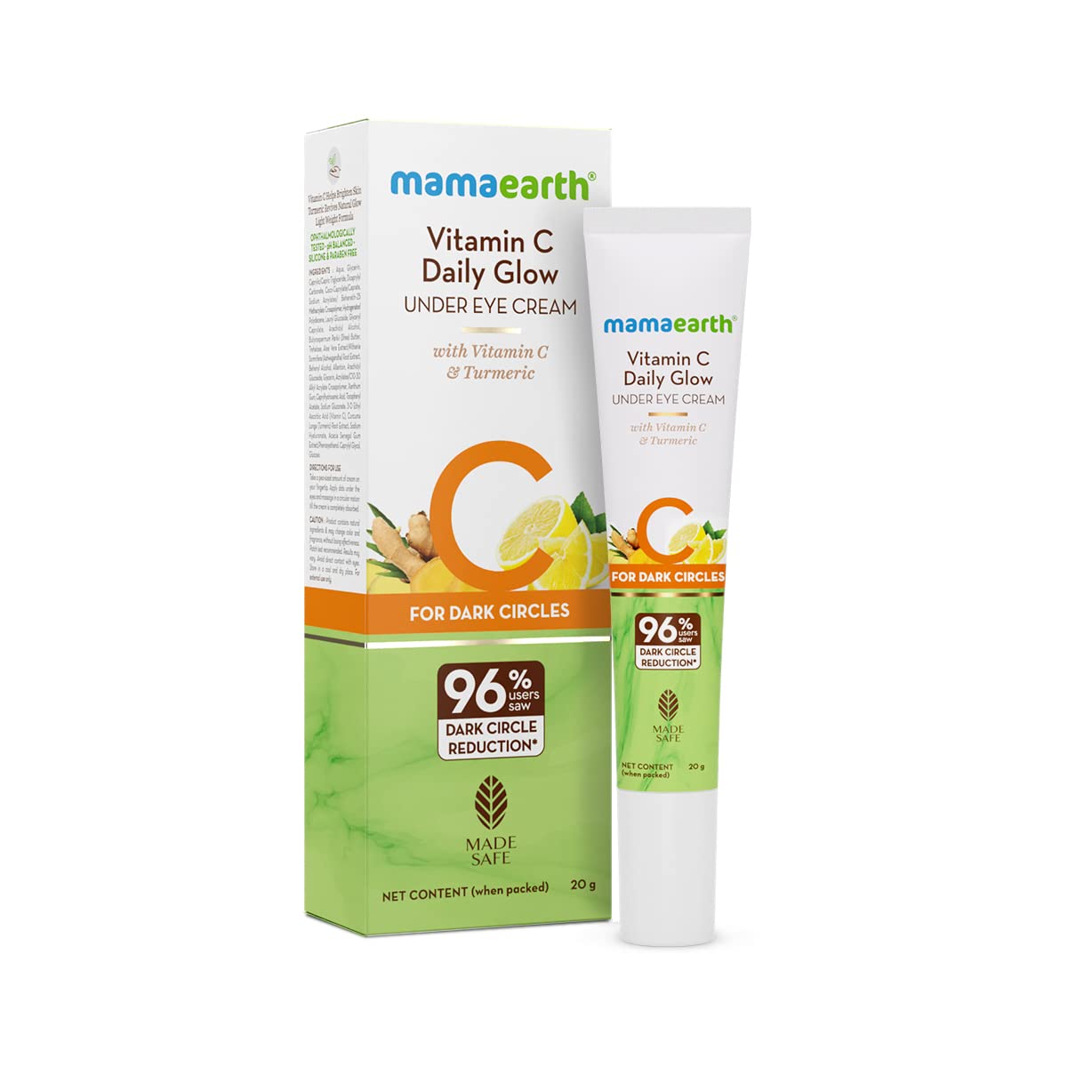 Mamaearth Vitamin C & Turmeric Under Eye Cream for Dark Circles - Ophthalmologist Tested, Safe Certified (20g) | Brightening Eye Treatment for Daily Glow, Dark Circle Reduction & Puffiness Relief