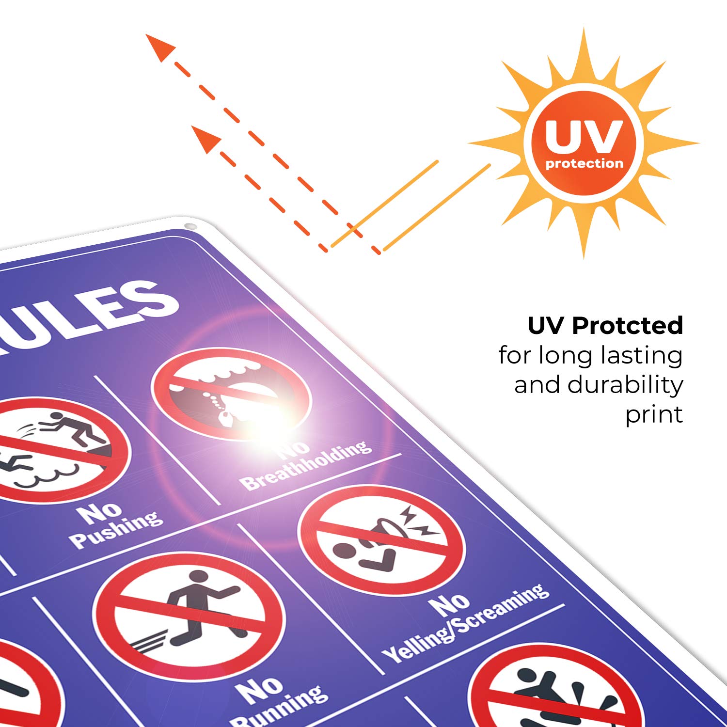 Pool Rules Sign by Sigo - No Diving, No Pushing, No Running, No Peeing in Pool - 10x14 Inches, 55 mil Thick HDPS (High Density Polystyrene), Made in USA - Perfect for Public Pools, Water Parks & Backyard Swimming Pools