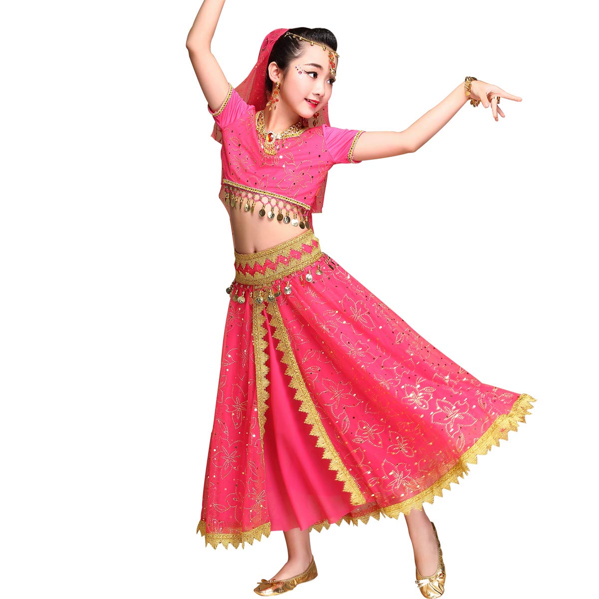 Belly Dance Costume Bollywood Dress - Chiffon Dance Outfit with Head Veil for Girls, Perfect for Halloween, Parties, and Performances