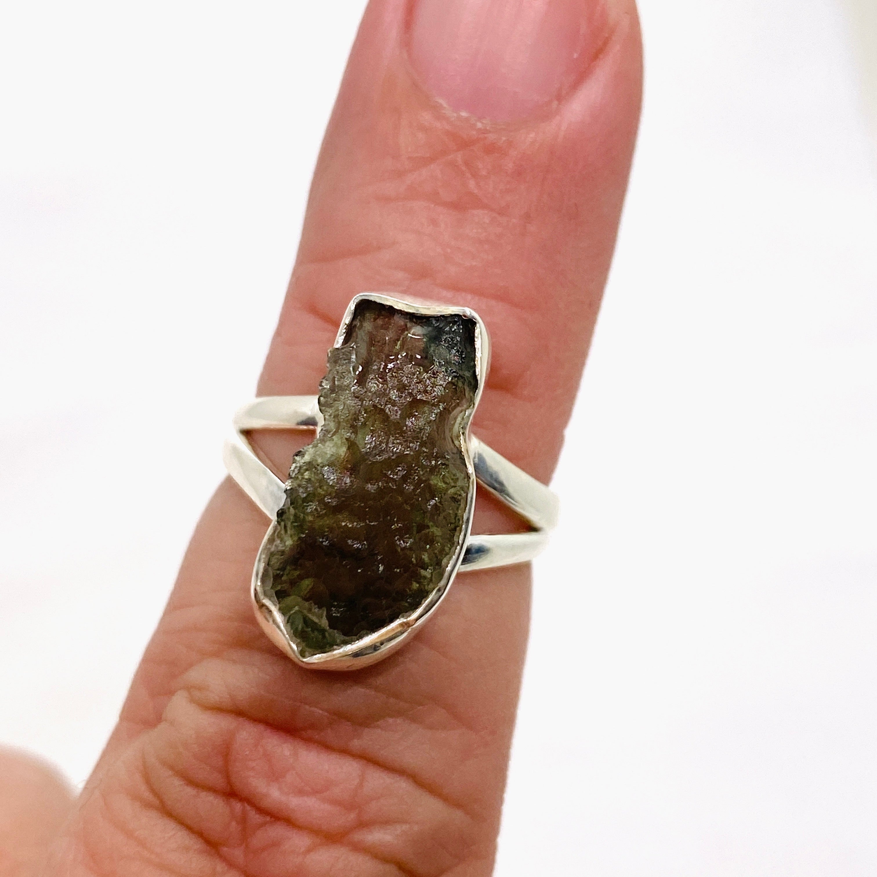 Natural Moldavite Raw Split Band Ring - Size 6 (KRGJ3356) | Handmade Bohemian Jewelry for Women, Wedding, Engagement & Spiritual Healing
