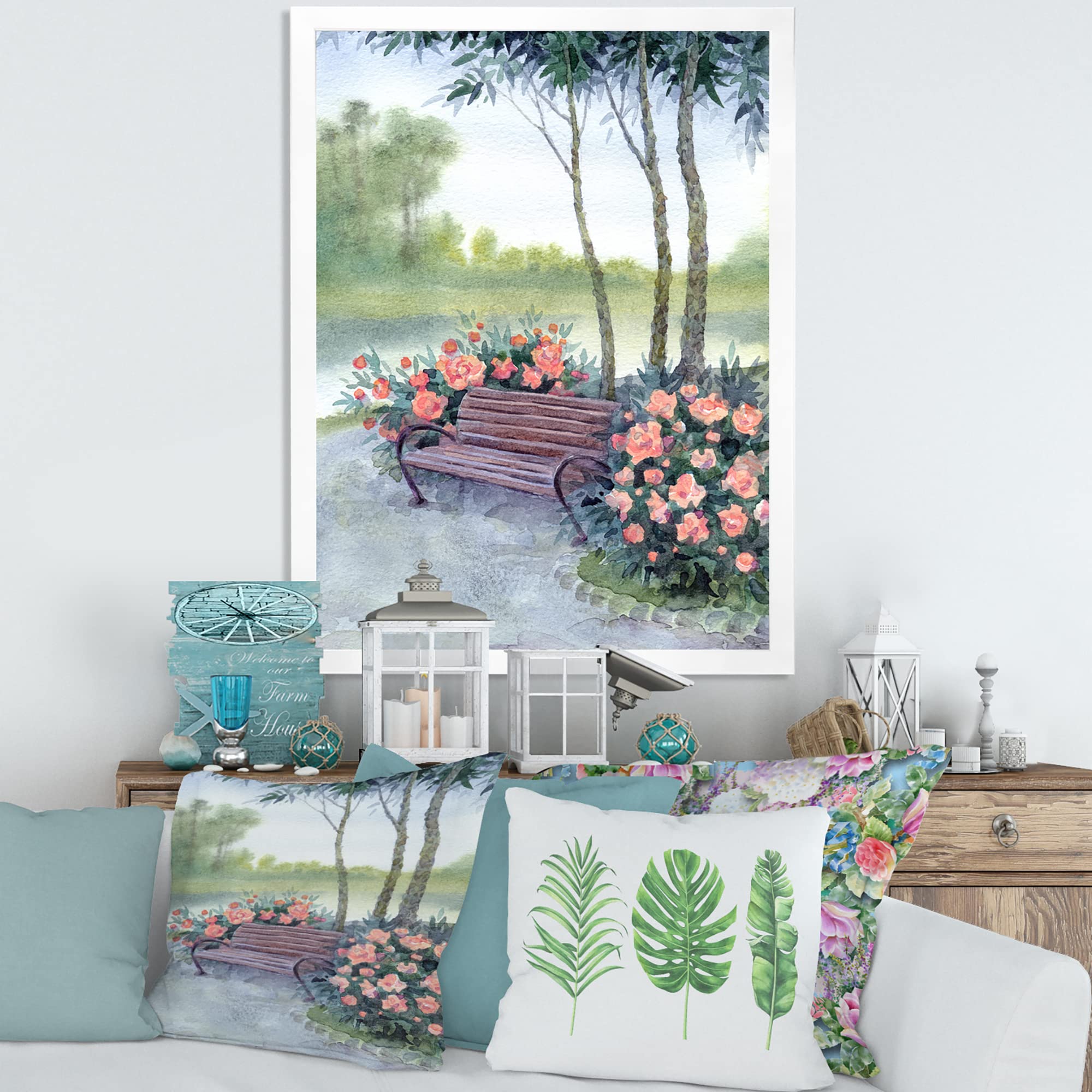 DesignQ Traditional Framed Wall Art - Park Bench by Pine Bushes Landscape Painting for Living Room, Bedroom & Office Decor