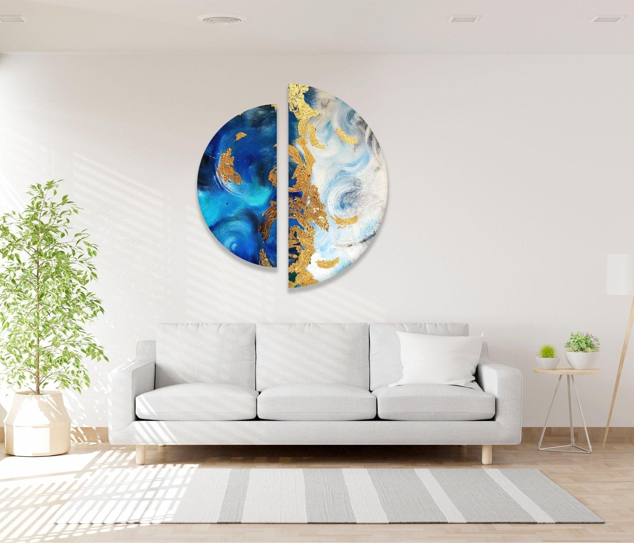 2 Piece Blue and Gold Abstract Glass Wall Art Set - Modern Home Decor for Living Room, Bedroom, or Office