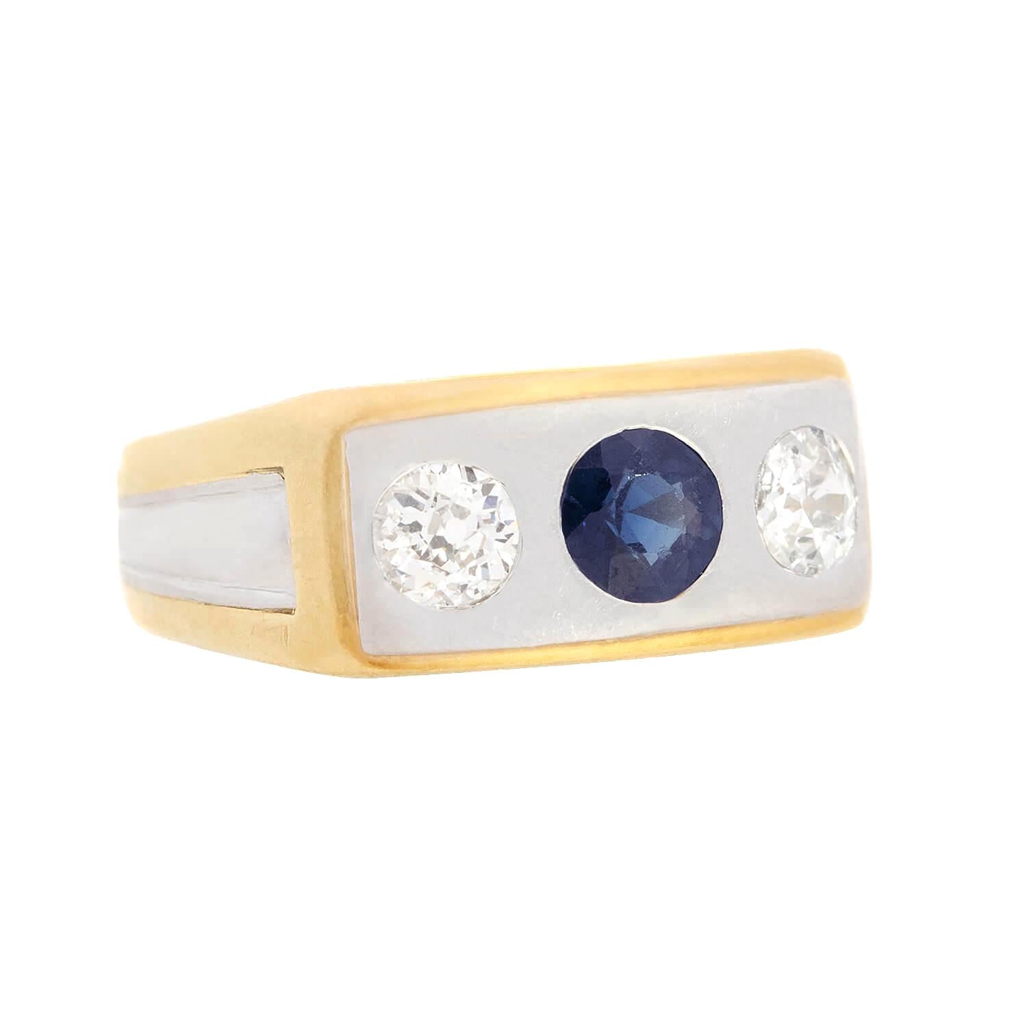 18K Gold & Platinum Edwardian Sapphire Diamond Flush Mount Ring – Vintage Elegance for Weddings, Anniversaries & Special Occasions