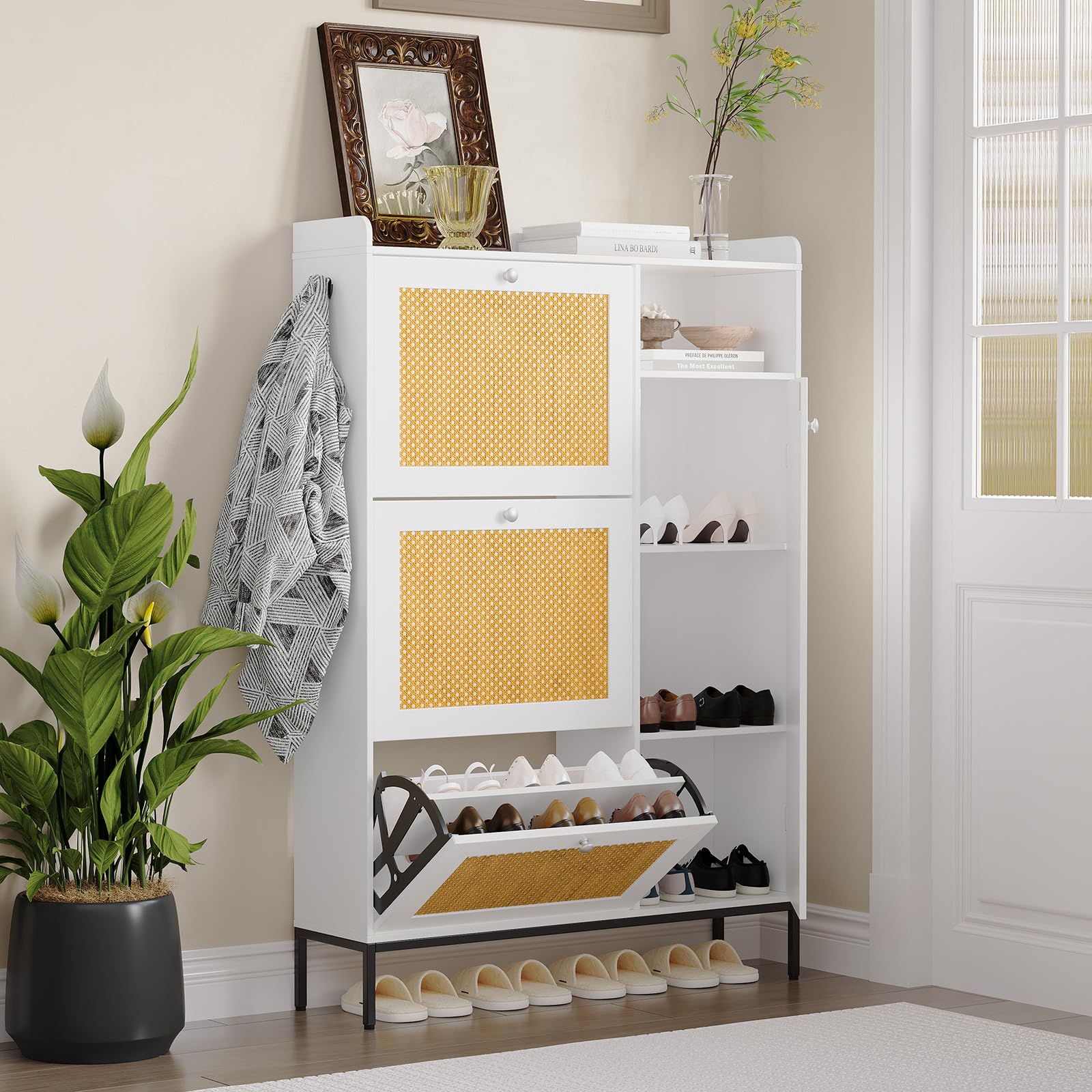 GAOMON 3-Tier Flip Drawer Shoe Storage Cabinet - Freestanding Rattan Organizer with Adjustable Shelves & Metal Knob for Entryway, Hallway, Bedroom - Narrow Shoe Rack for Small Spaces (White, Easy Assembly) - Perfect for Organizing Shoes, Hats & Accessories in Compact Areas