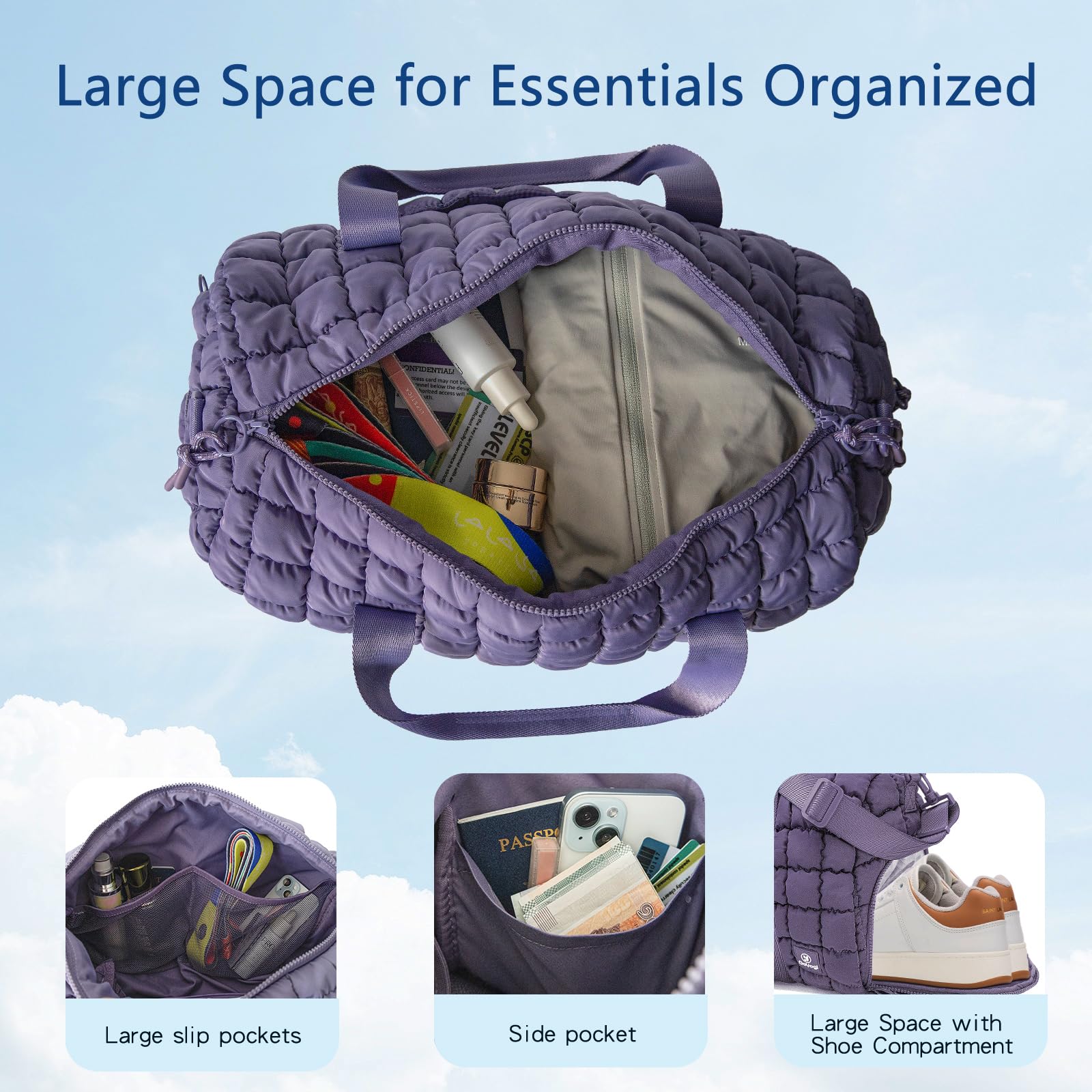 Quilted Gym Bag for Women - Large Duffle Travel Bag with Wet Pocket & Shoe Compartment - Purple Weekender Carry On Bag for Workout, Yoga, Gym, Travel & Weekend Getaways