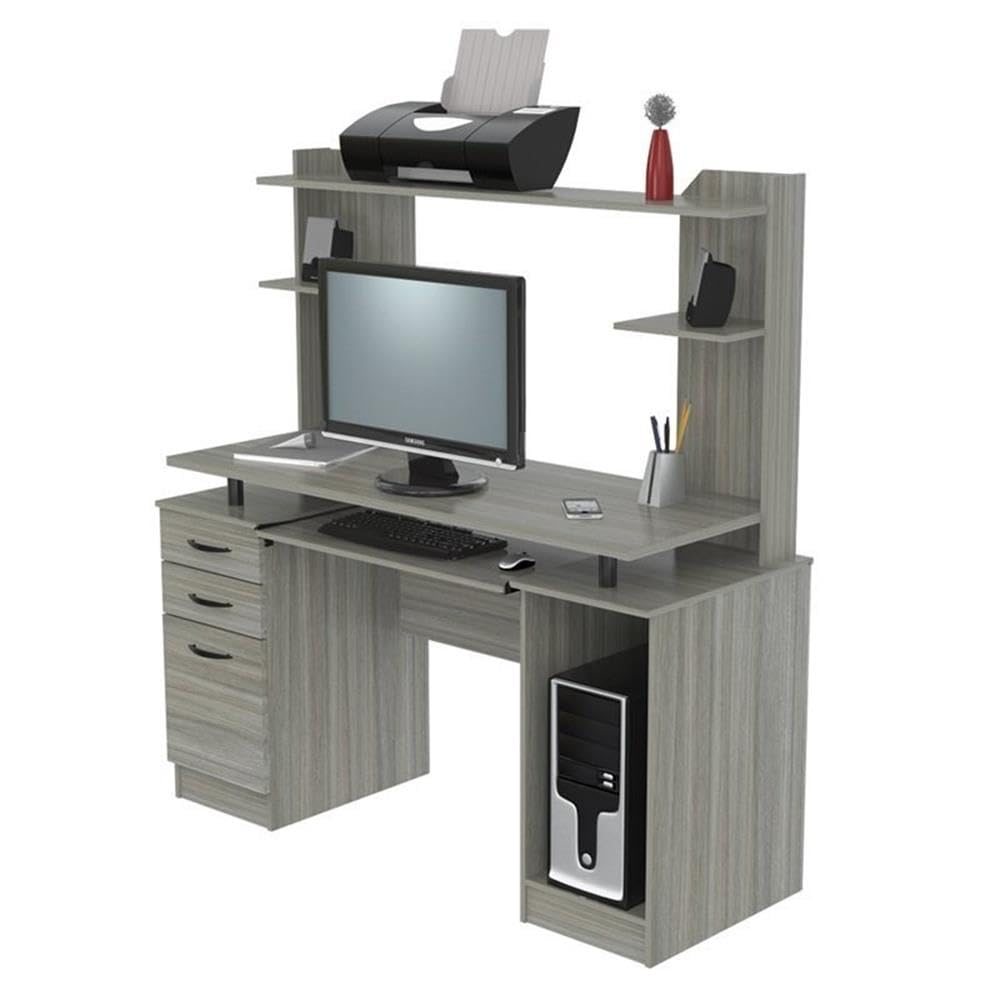 Modern Wooden Computer Desk with Hutch - Smoke Oak Finish for Home Office, Study & Workspace | Pemberly Row Contemporary Work Center