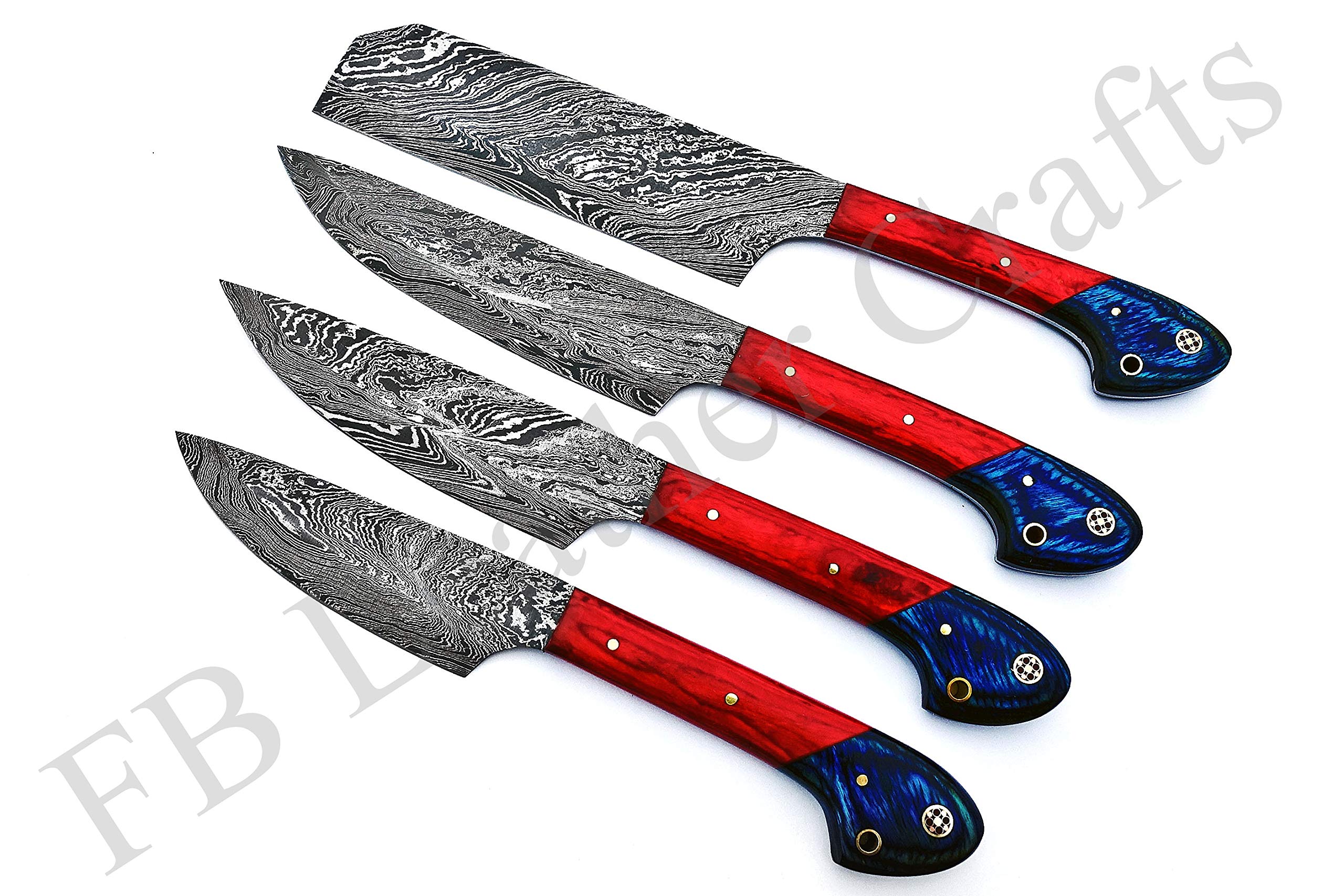 Premium Damascus Steel Knife Set - Hand Forged 4-Piece Chef & BBQ Knives with Colored Wood Handle (Red/Blue) - Perfect for Professional Cooking, Outdoor Grilling & Kitchen Gift