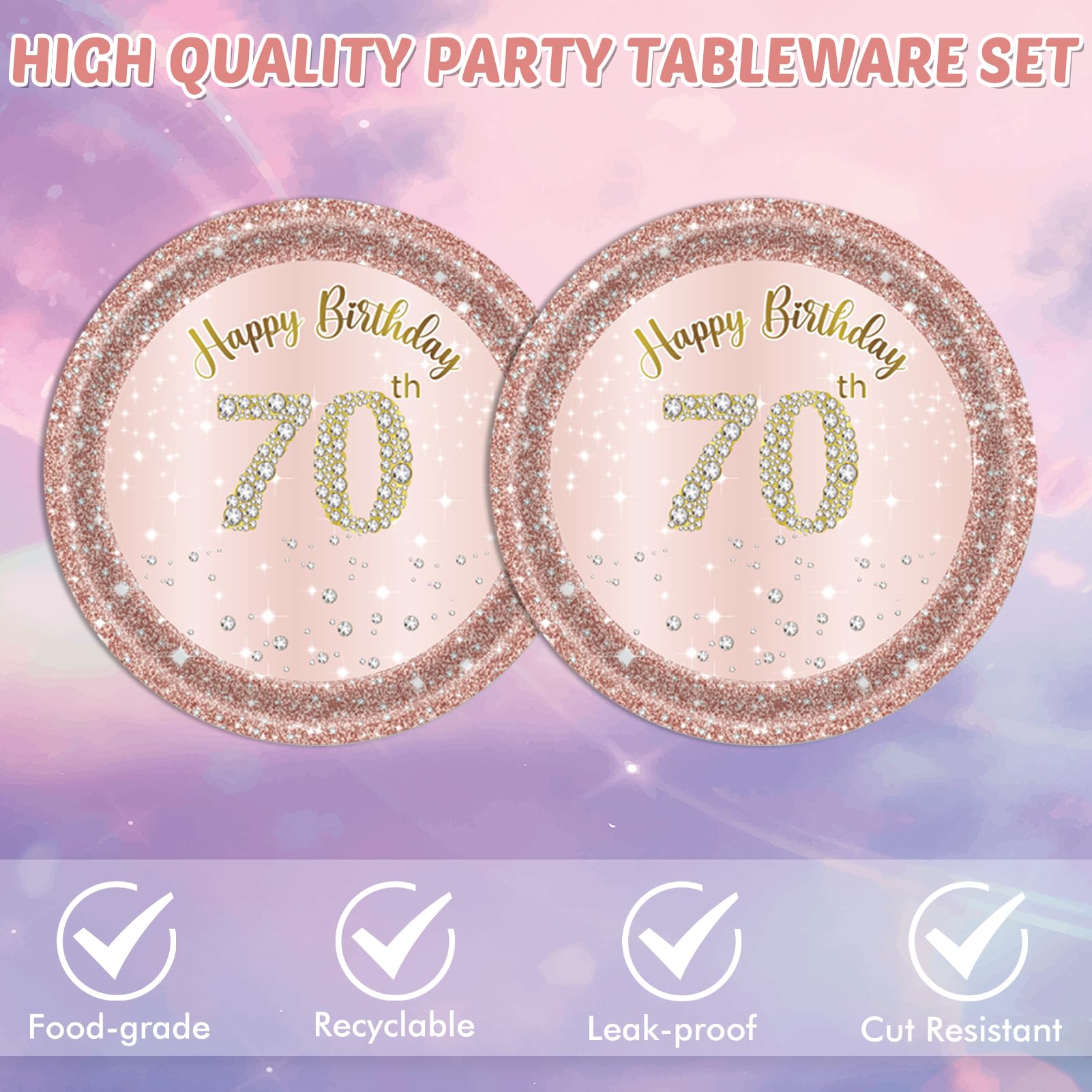70th Birthday Party Decorations for Women - Rose Gold Plates, Napkins & Disposable Tableware Set (1955 Theme) - Perfect for Milestone Celebrations, Retirement Parties & Special Occasions