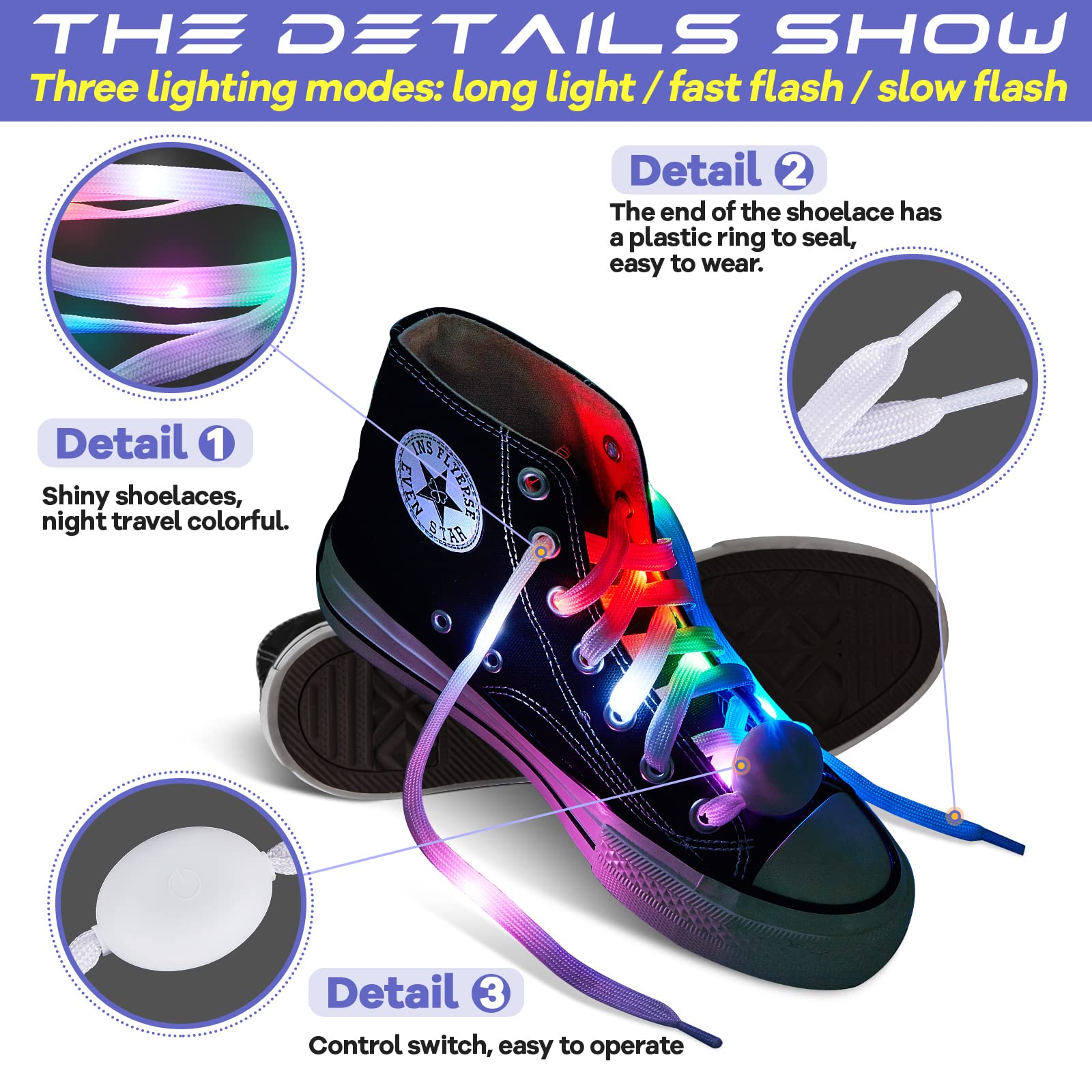 Syhood LED Light Up Shoe Laces - Glow in The Dark Flashing Nylon Shoelaces for Hip-hop Dance, Rave Parties & Night Running - Perfect for Costumes, Festivals & Kids Birthday Favors