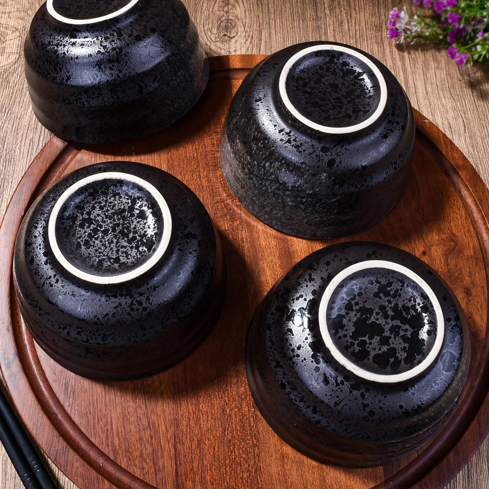 Premium Japanese Porcelain Rice Bowl Set of 4 - Black Ceramic Soup Bowls for Sushi, Ramen, Cereal & Asian Cuisine | Elegant Dining & Home Kitchen Essentials