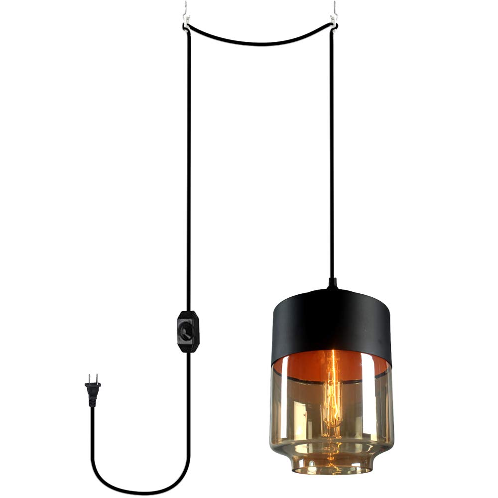 15ft Black Plug-in Dimmer Switch Cord with E26 Lamp Holder - Modern Metal & Glass Pendant Lighting for Loft, Dorm, Corridor, Restaurant - Bulb Not Included - Perfect for Ambient Lighting in Bedrooms, Living Rooms and Dining Areas