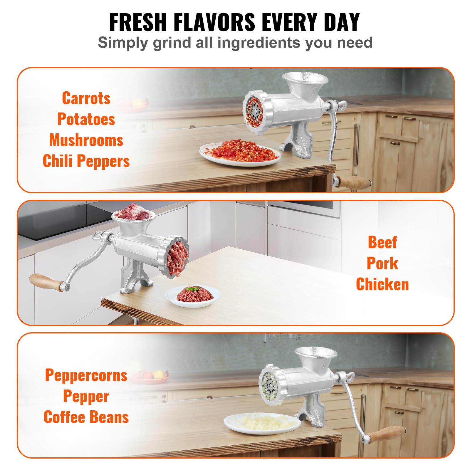 VEVOR Manual Meat Grinder - Heavy Duty Cast Iron Hand Crank Sausage Maker with Steel Clamp, 1 Blade & 2 Plates - Perfect for Beef, Pepper, Mushroom Grinding | Home Kitchen & Outdoor Camping Use