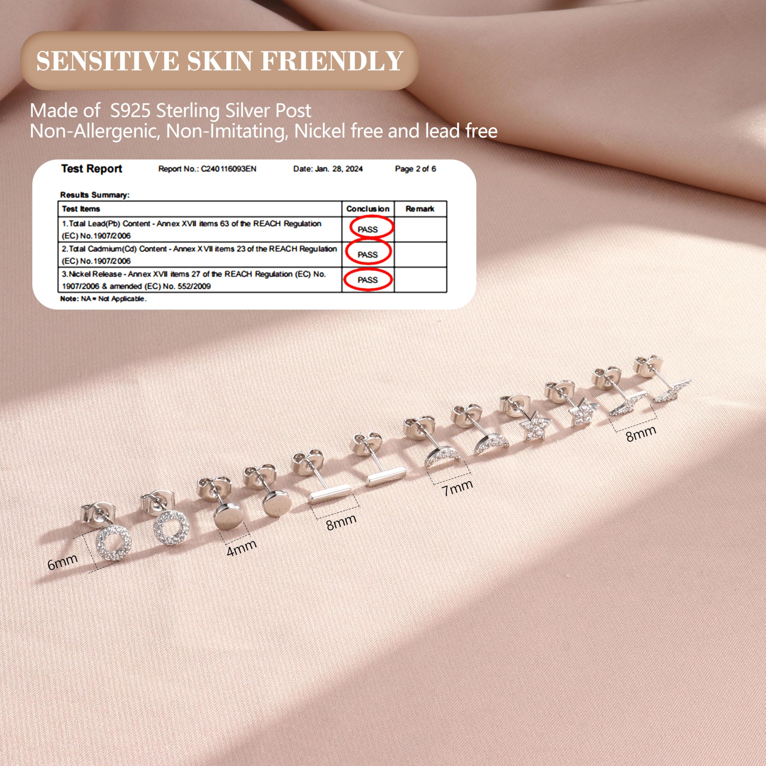 Hayoso 6 Pairs Sterling Silver Stud Earrings Set - Hypoallergenic CZ Circle, Bar & Lightning Bolt Earrings - White Gold Plated Tiny Cartilage Studs for Women - Perfect for Everyday Wear, Gifts & Special Occasions