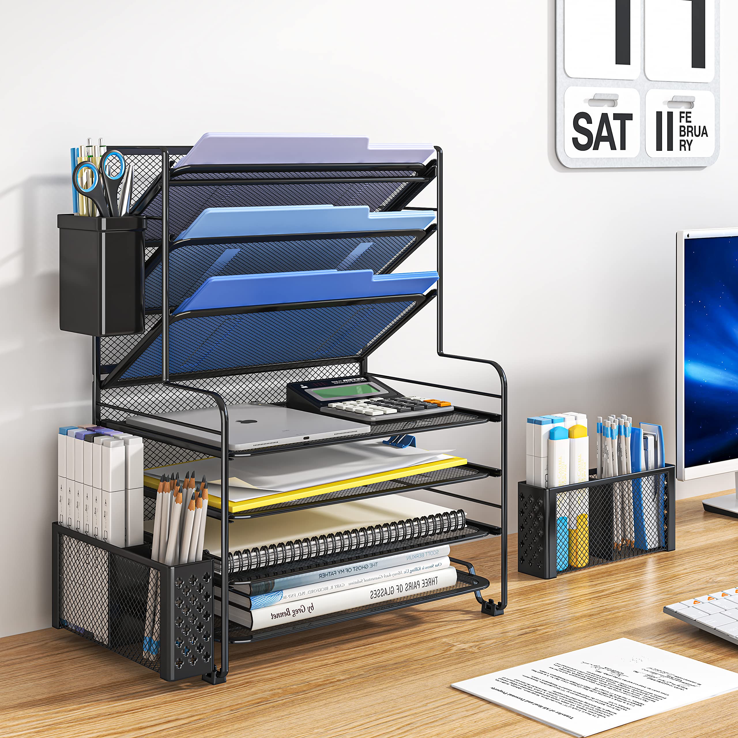 7 Tier Desk File Organizer with Pen Holder & Metal Hanging Basket - Black Letter Tray Paper Organizer for Office, Home, or School Workspace Organization