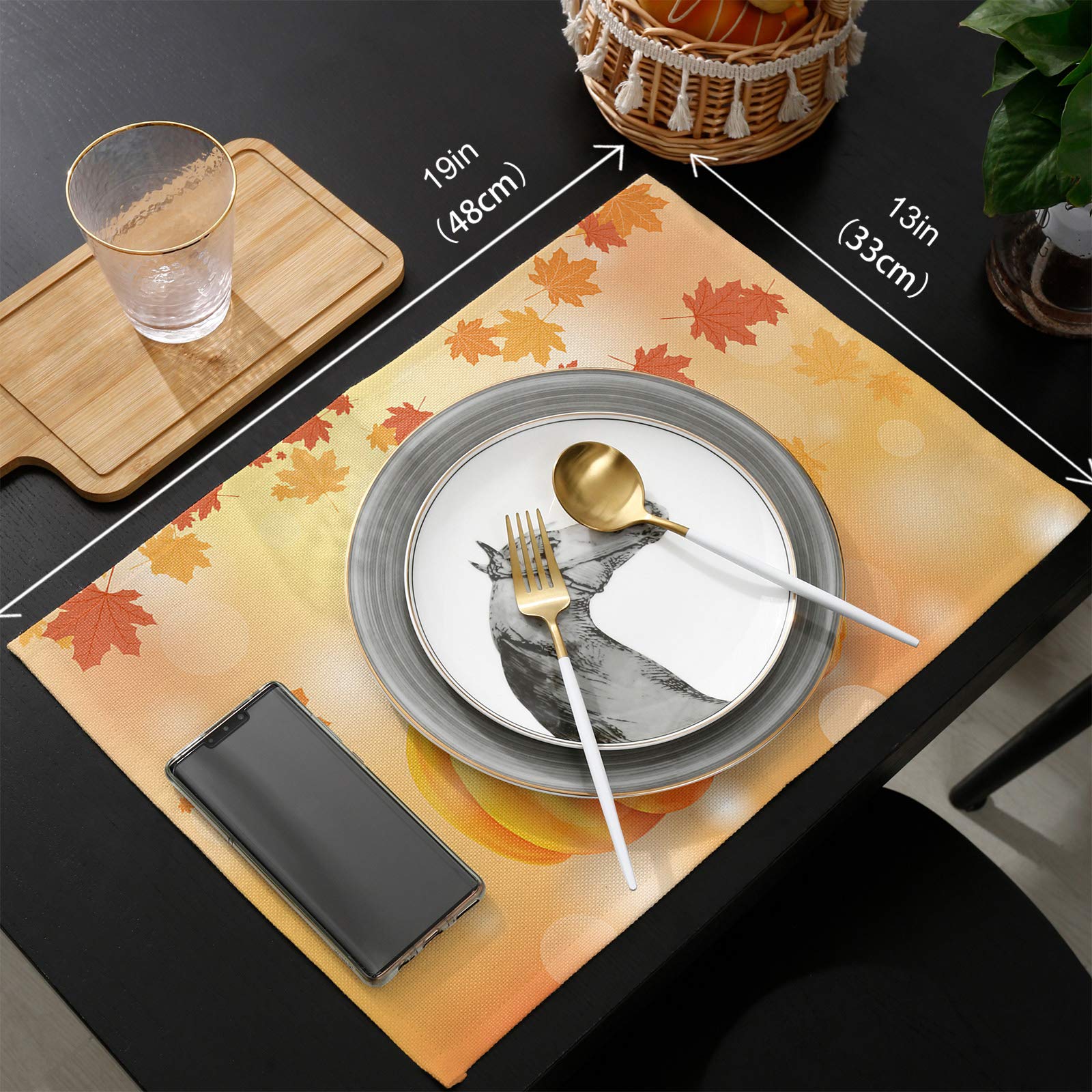 Thanksgiving Placemats Set of 4 - Maple Leaf Pumpkin Autumn Fall Table Mats for Dining, Washable & Durable for Indoor Outdoor Use - Perfect for Holiday Decor, Home Parties, Weddings & Thanksgiving Gatherings