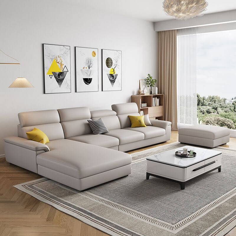 L Shape Sofa Chaise Sectional - 4 Seater 3 Piece Set with Pillow Top Arm & Chaise (Grey/Azure) - Left Hand Facing Modern Living Room Furniture for Small Spaces & Apartments