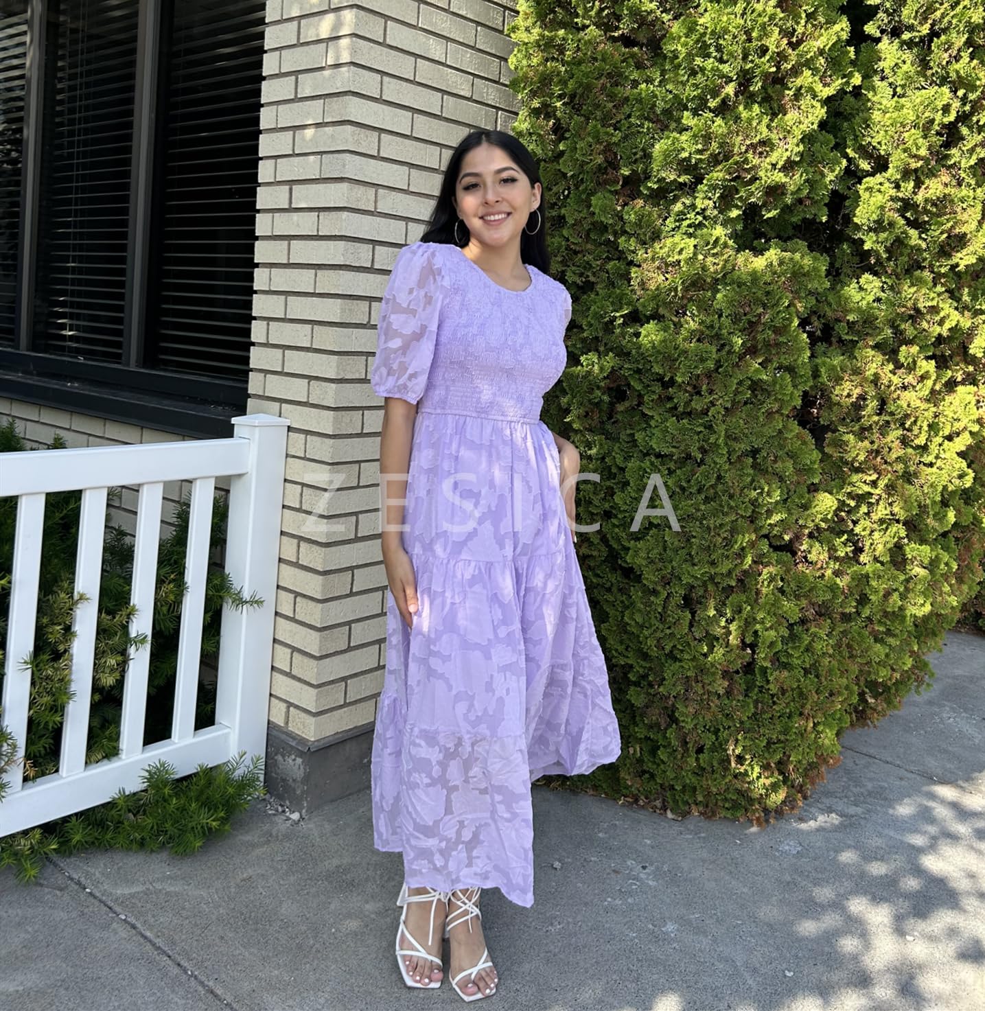 ZESICA Women's Summer Floral Lace Maxi Dress with Puff Sleeves & Smocked Waist - Elegant A-Line Tiered Flowy Dress for Beach, Wedding, Party & Vacation