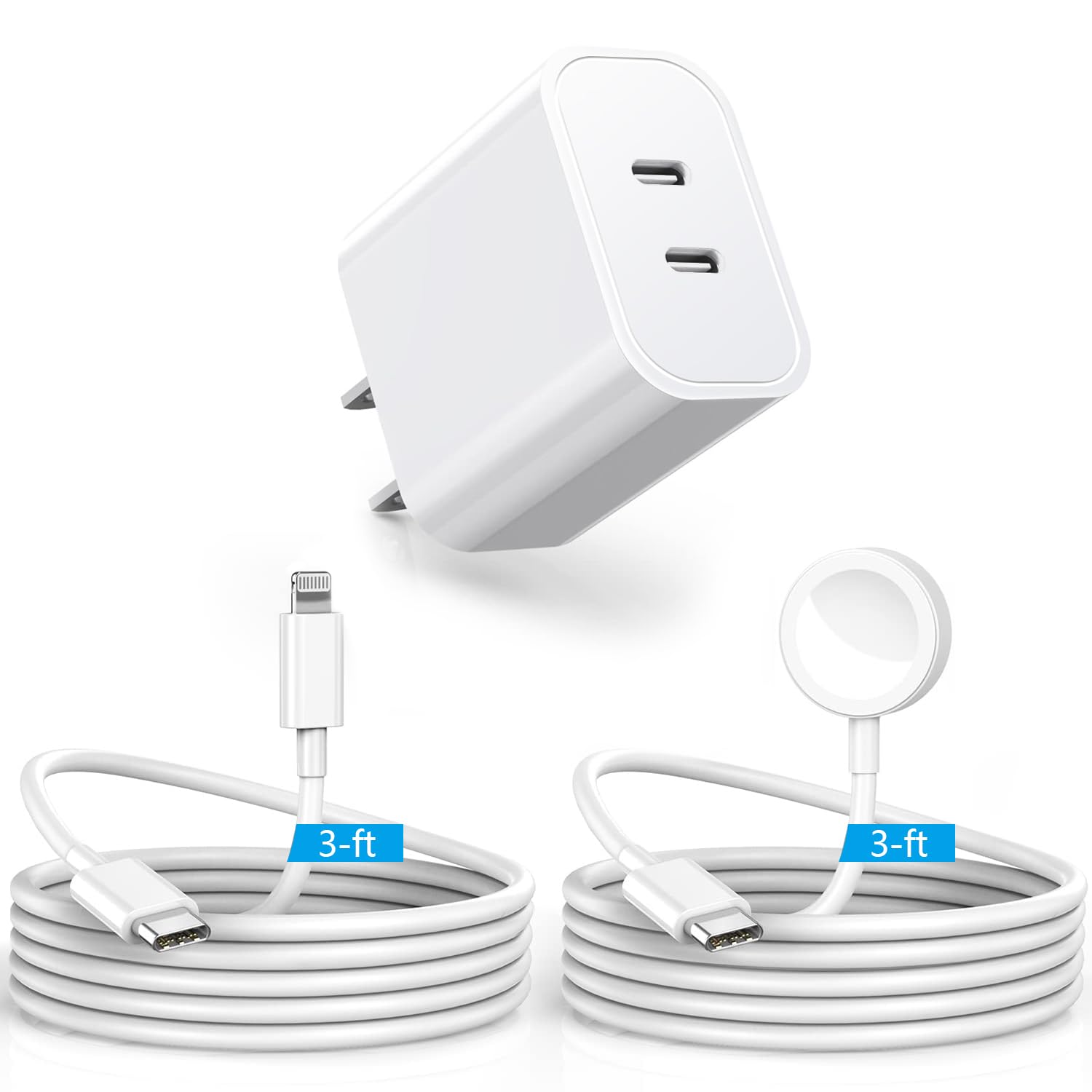 Apple MFi Certified USB C Dual Port Charger - Compatible with Apple Watch Series 8/7/SE/6/5 & iPhone 14/13 Series - Includes 3FT Watch Charging Cable - Perfect for Travel, Office and Nightstand Charging
