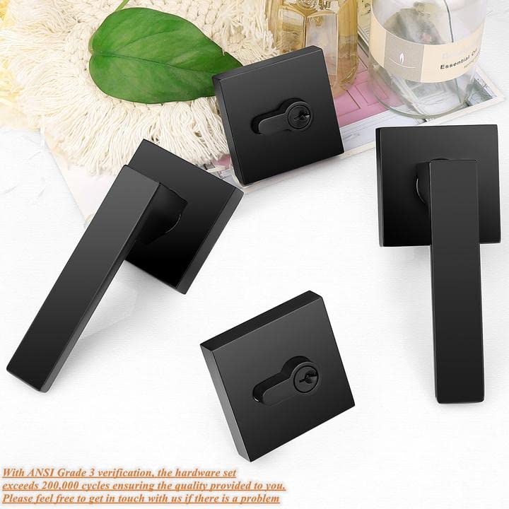 Probrico Modern Square Lock Set - Flat Black Passage Door Lever with Double Cylinder Deadbolt Combo (Keyed Alike) - 1 Pack Exterior Door Handle & Deadbolt Set for Home Security & Entry Doors