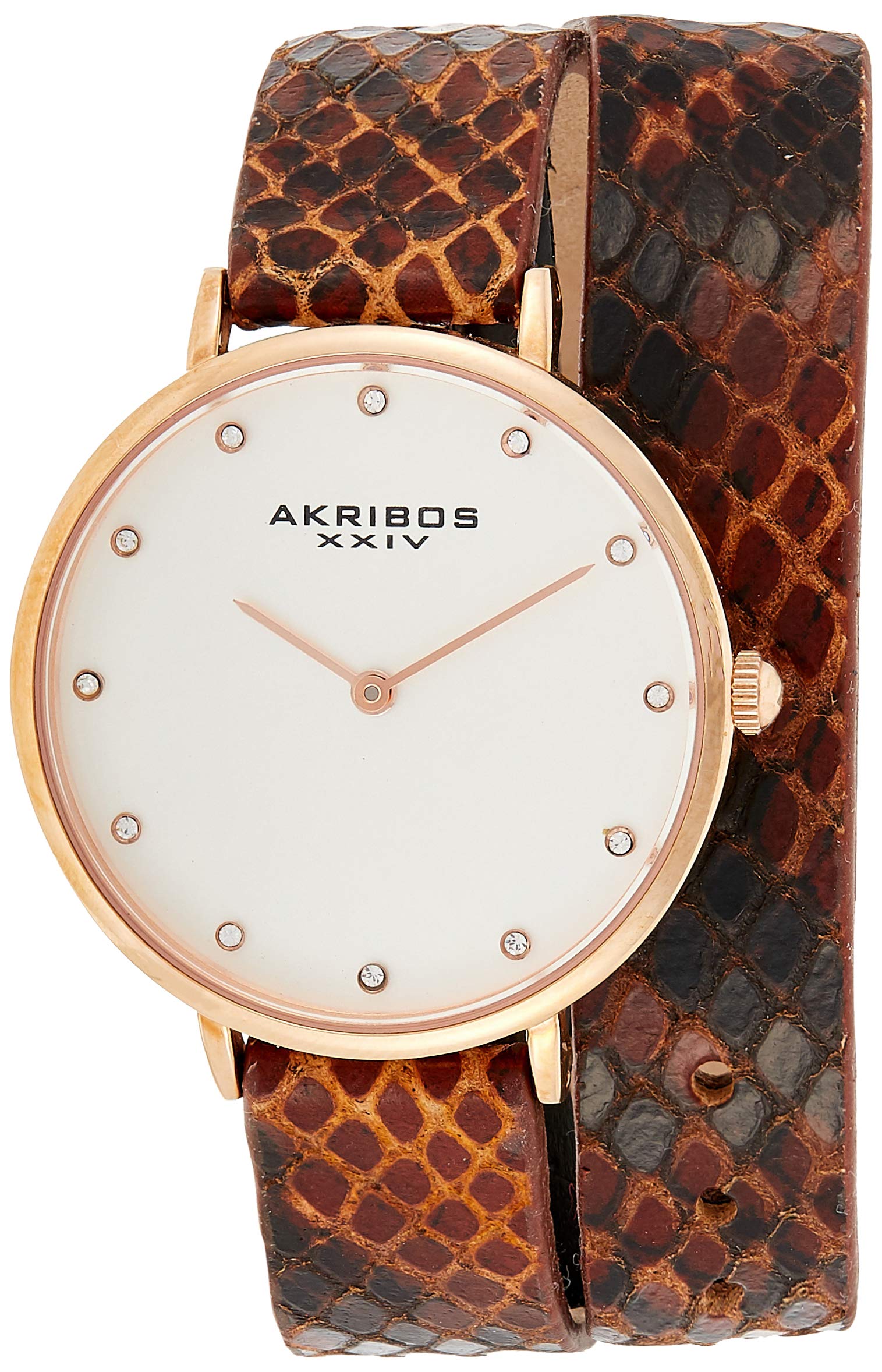 Akribos XXIV Women's Swarovski Crystal Watch - 12 Genuine Crystal Hour Markers on Snakeskin Leather Double Strap - Luxury Dress Watch for Women - Perfect for Formal Events, Office Wear & Special Occasions - AK923