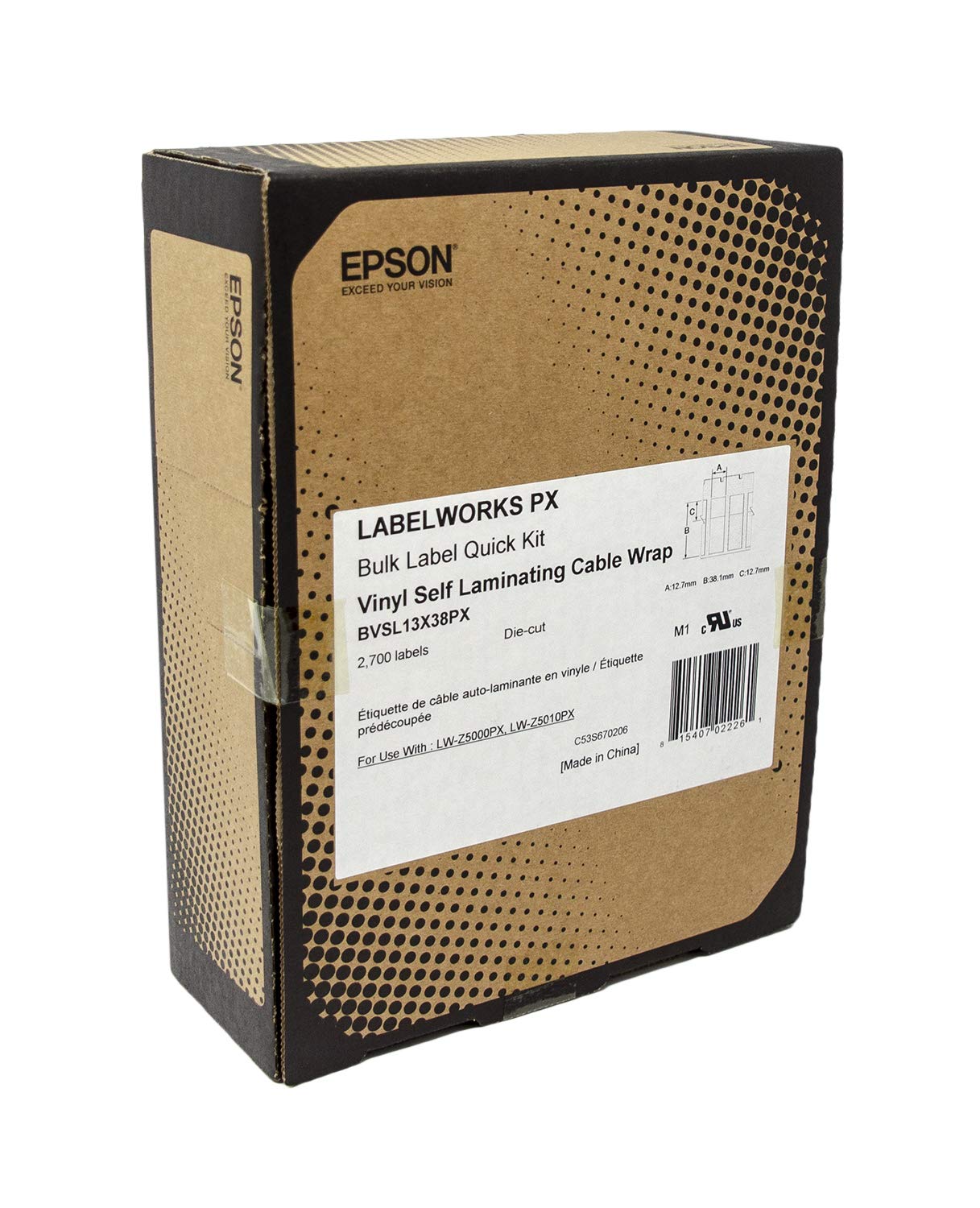 Epson LABELWORKS PX BVSL13X38PX Bulk Die Cut Self-Laminating Overwrap Vinyl Tape - Black on White, Durable & Flexible Industrial Label Maker Tape - 0.5