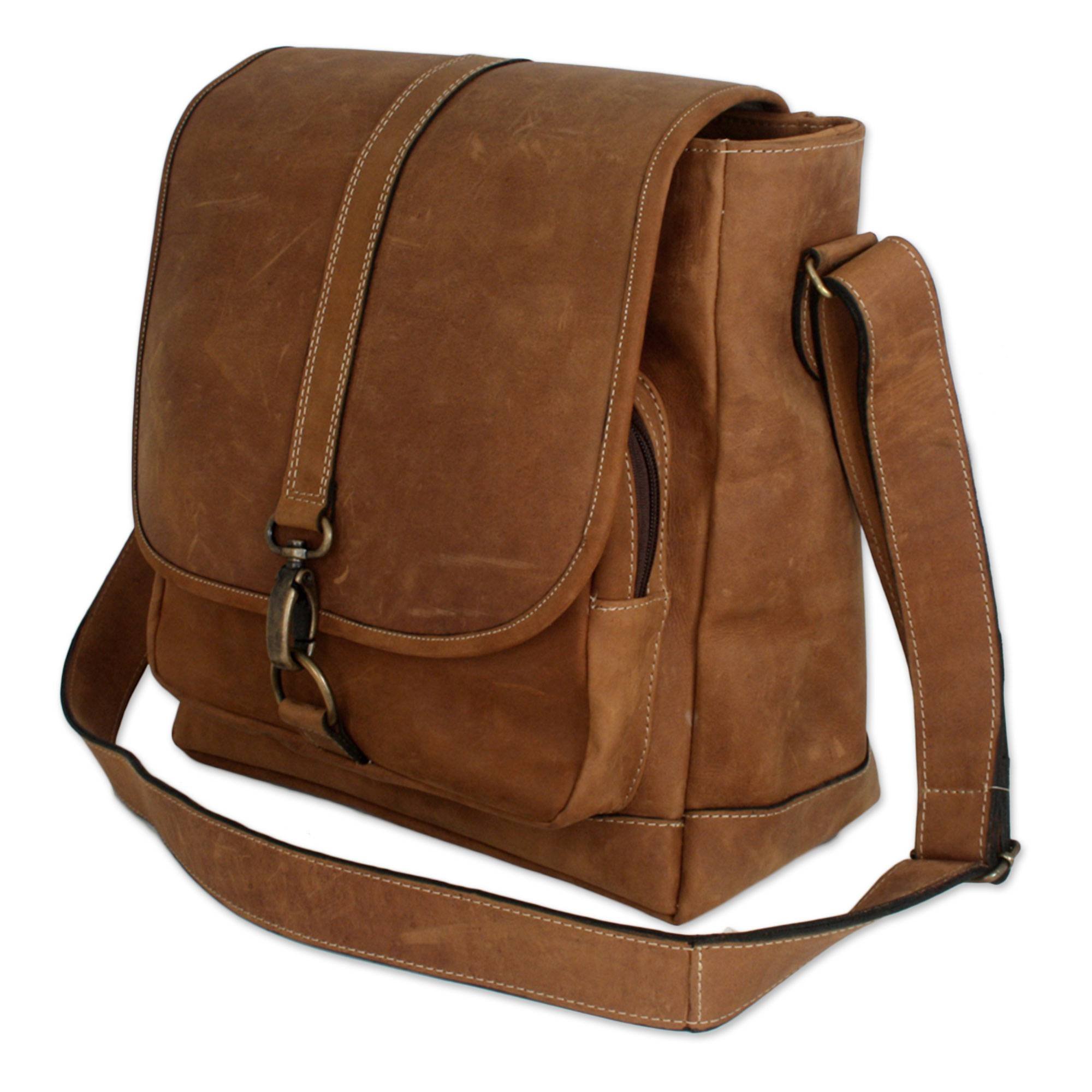 Handmade Leather Shoulder Bag - Artisan Crafted Mexican Brown Cognac Bag for Women | Perfect for Travel, Work & Everyday Use | NOVICA 'Crazy Summer' Collection